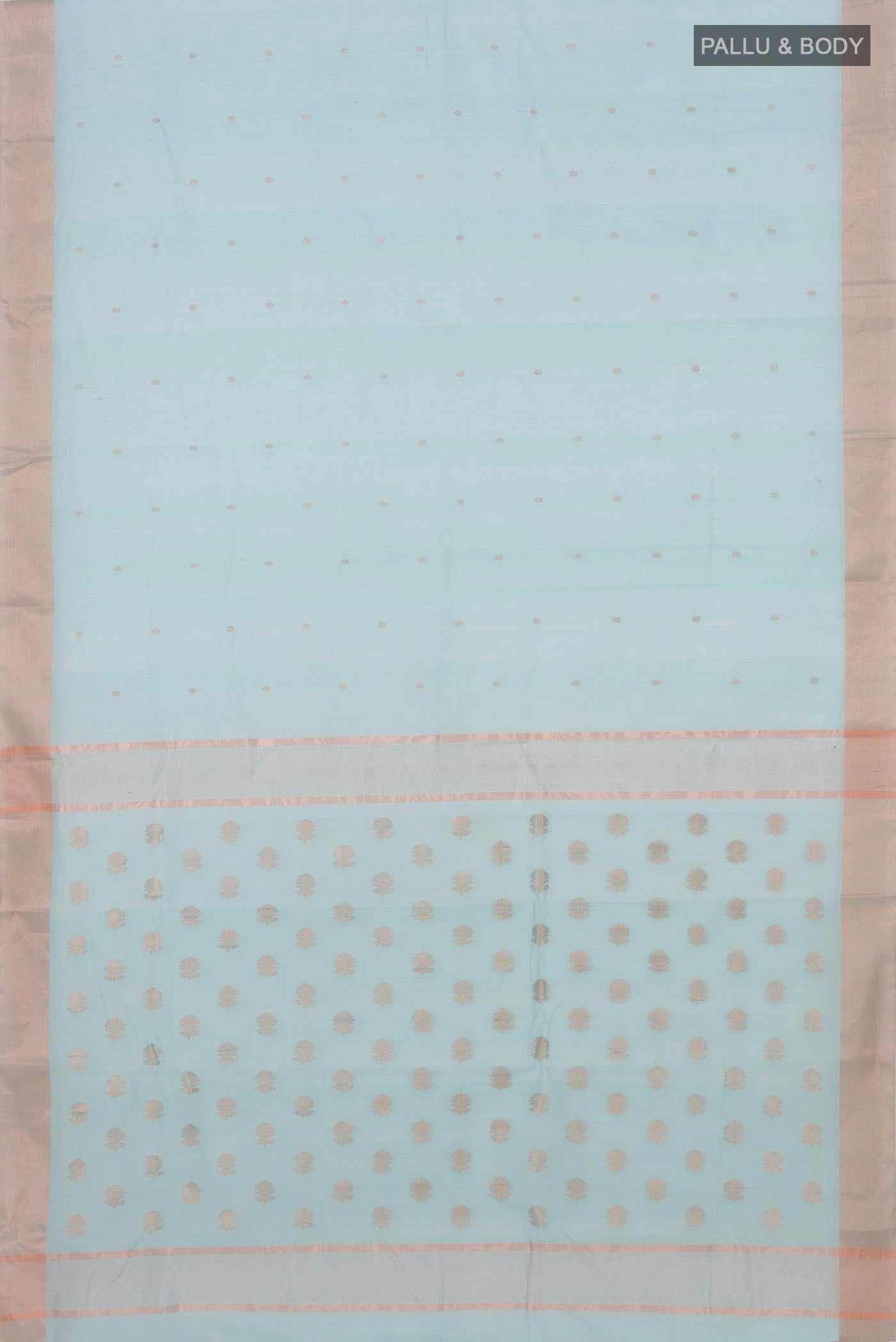 Flat view of Light Blue Chanderi Silk Cotton Saree with Zari Butta on the body and Zari Border. 