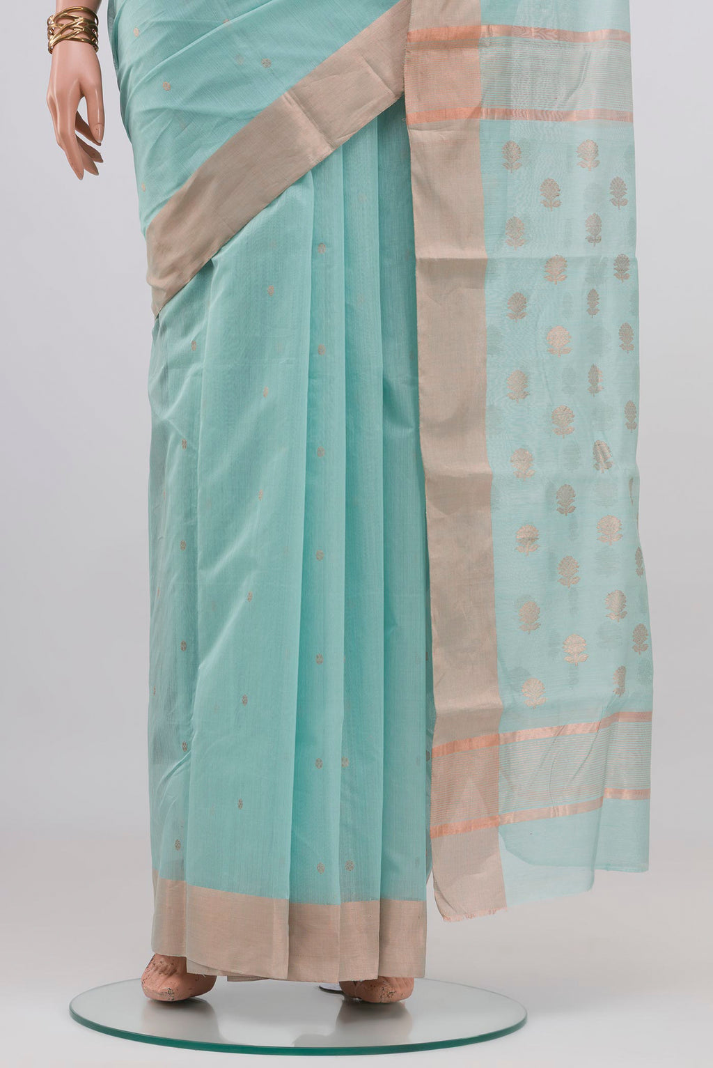 Pleats and pallu of Light Blue Chanderi Silk Cotton Saree with Zari Butta on the body and Zari Border. 