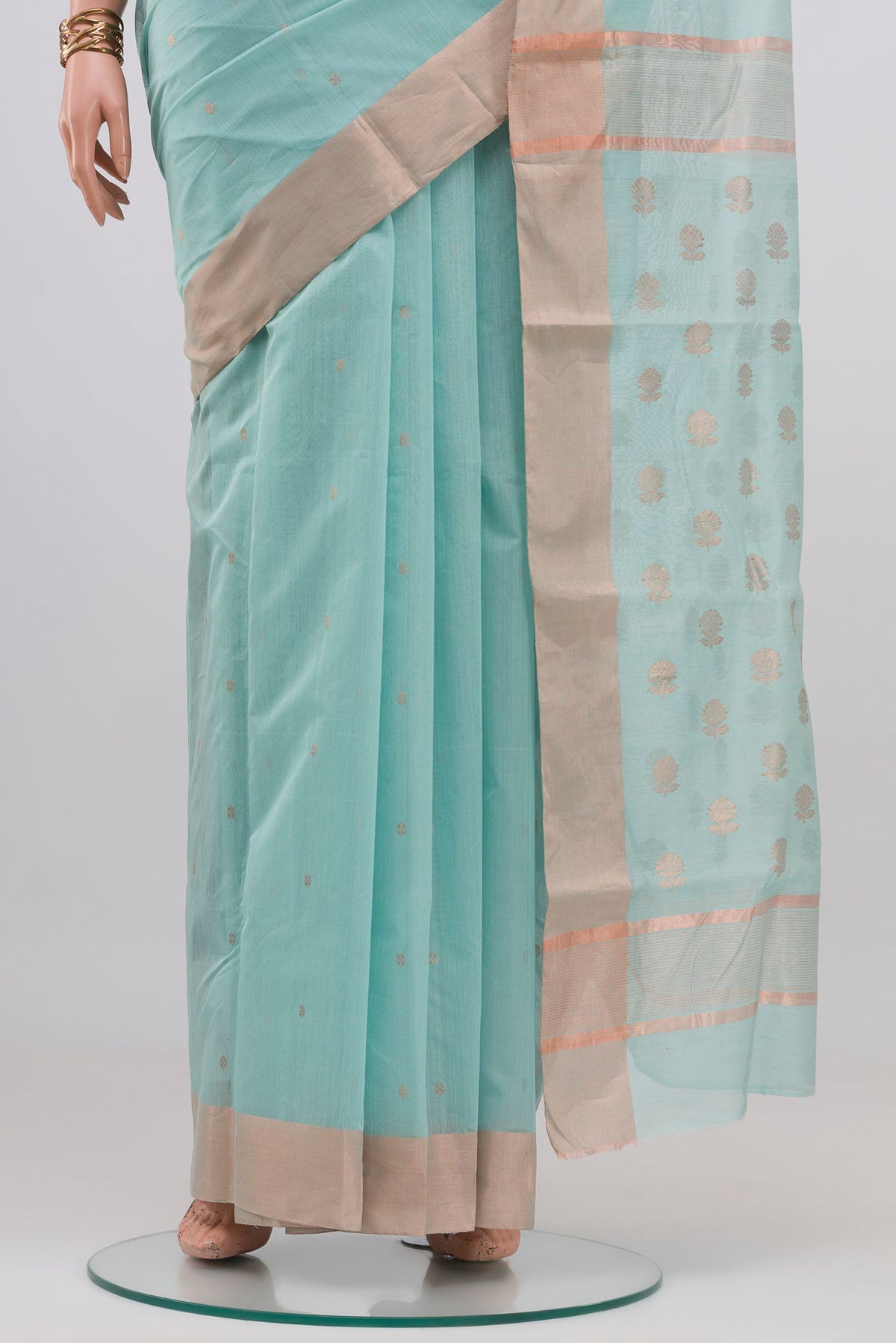 Pleats and pallu of Light Blue Chanderi Silk Cotton Saree with Zari Butta on the body and Zari Border. 