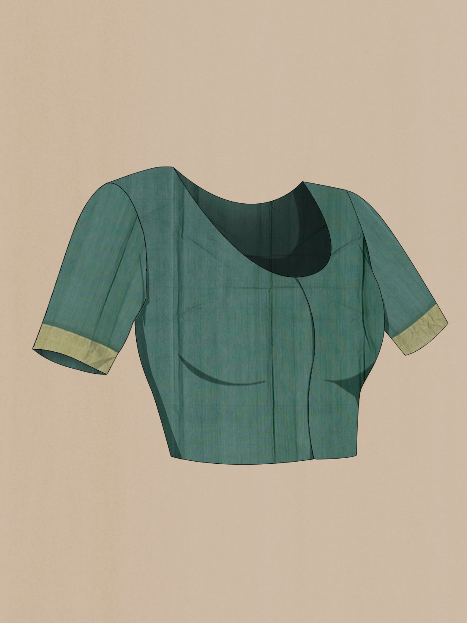Close up image of the blouse of Bottle Green Chanderi Silk Cotton Saree with Zari Butta on the body and Zari Border. 