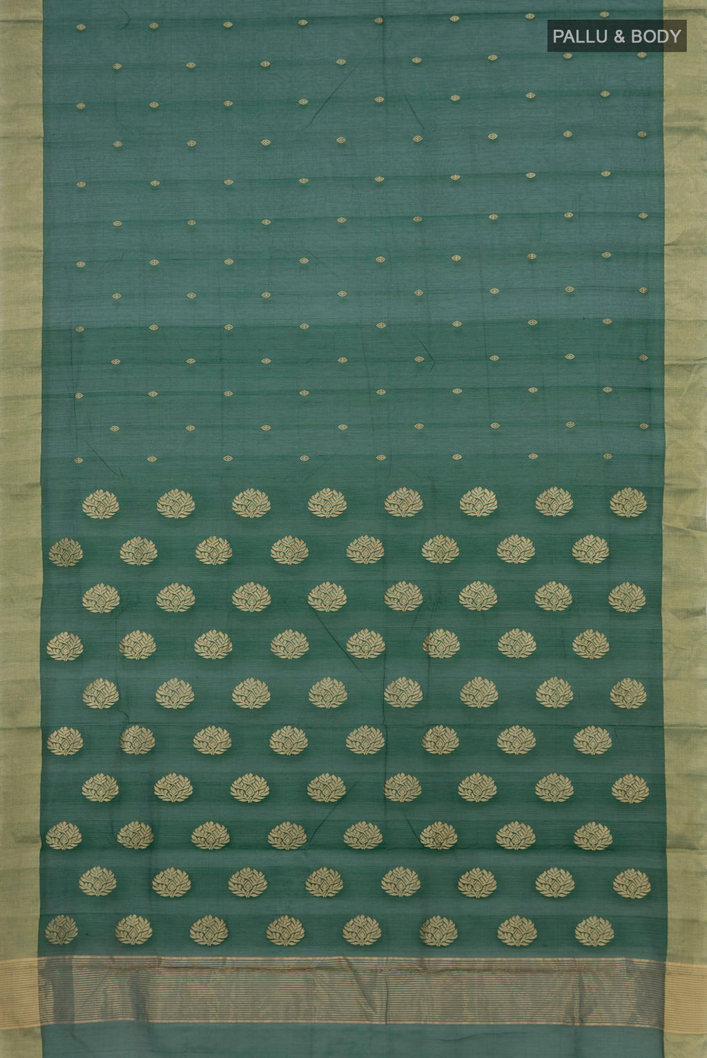 Flat view of Bottle Green Chanderi Silk Cotton Saree with Zari Butta on the body and Zari Border. 