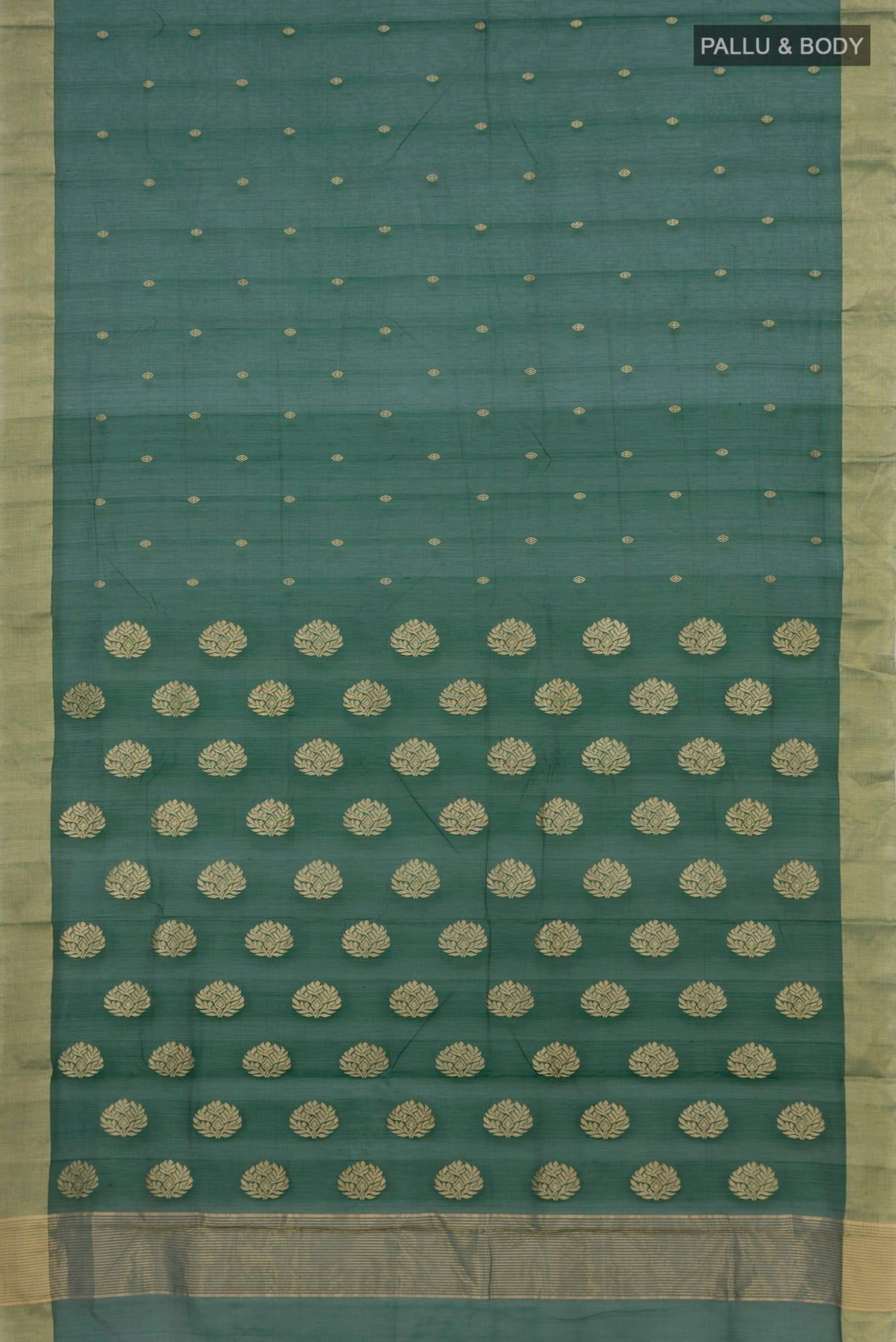 Flat view of Bottle Green Chanderi Silk Cotton Saree with Zari Butta on the body and Zari Border. 