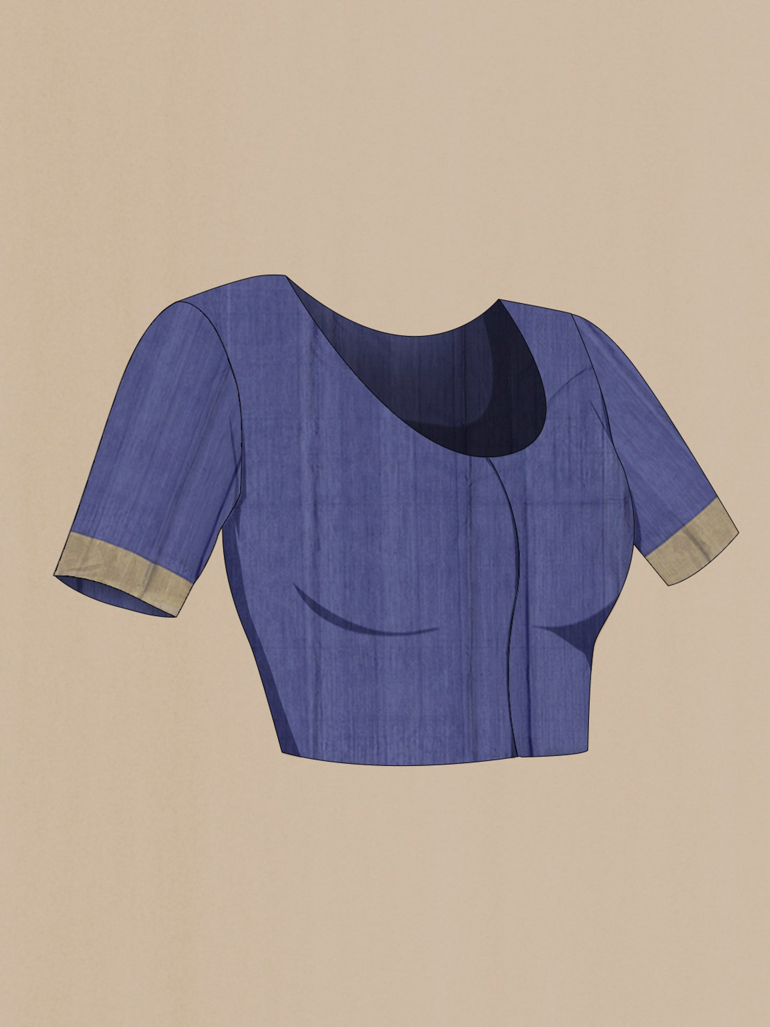 Close up image of the blouse of Navy Blue Chanderi Silk Cotton Saree with Zari Butta on the body and Zari Border. 