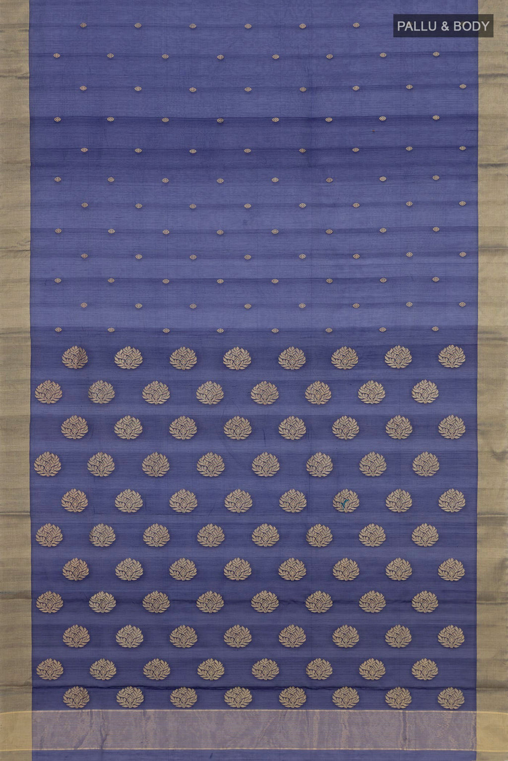 Flat view of Navy Blue Chanderi Silk Cotton Saree with Zari Butta on the body and Zari Border. 
