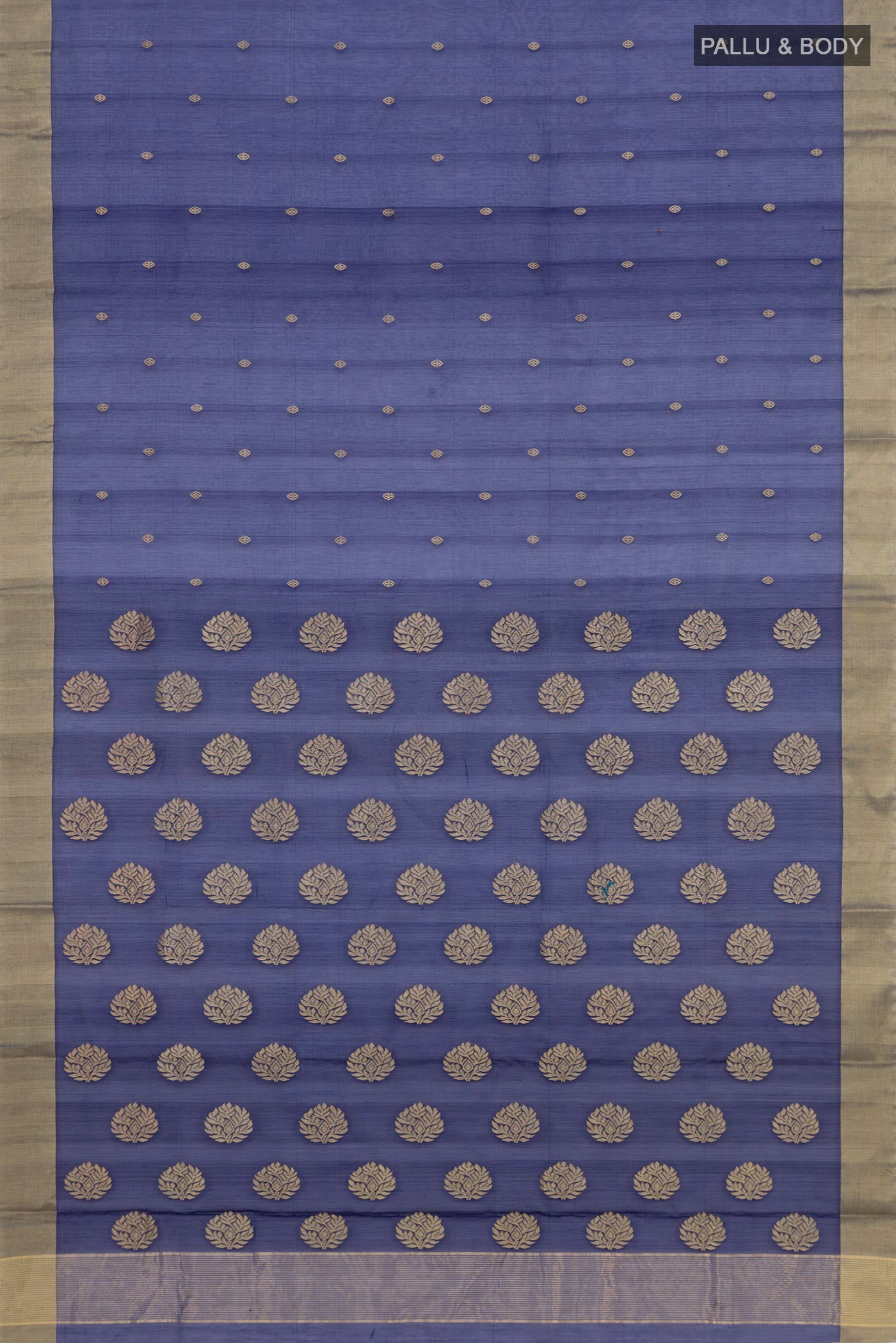Flat view of Navy Blue Chanderi Silk Cotton Saree with Zari Butta on the body and Zari Border. 