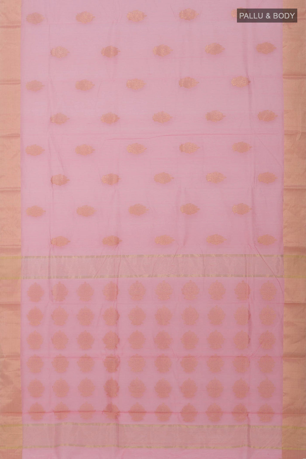Flat view of Rose pink Chanderi Silk Cotton Saree with Zari Butta on the body and Zari Border. 
