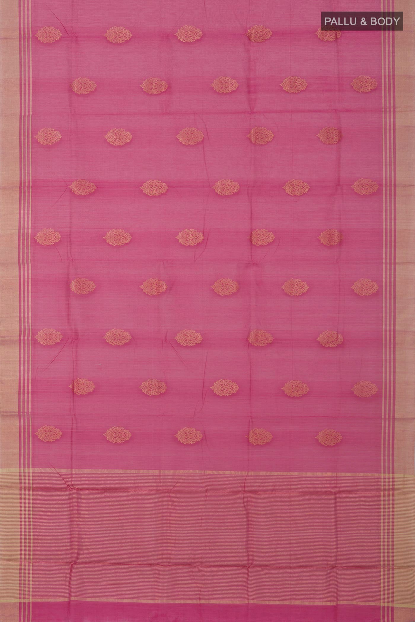 Flat view of Pink Chanderi Silk Cotton Saree with Zari Butta on the body and Zari Border. 
