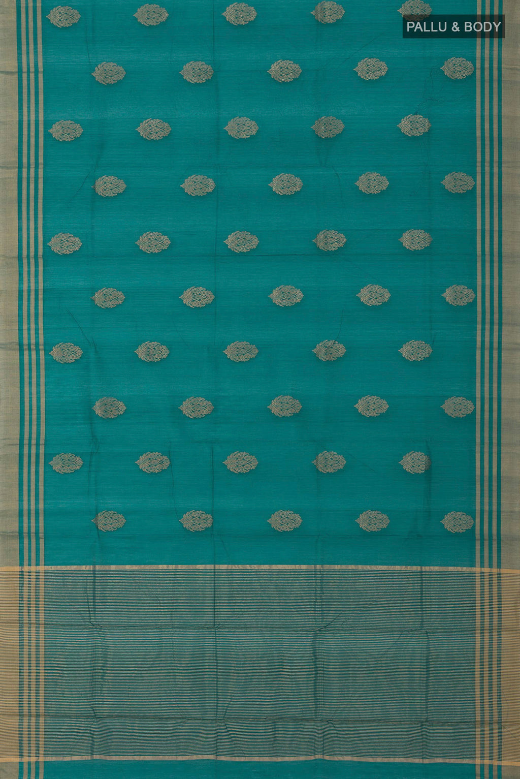 Flat view of Blue Chanderi Silk Cotton Saree with Zari Butta on the body and Zari Border. 