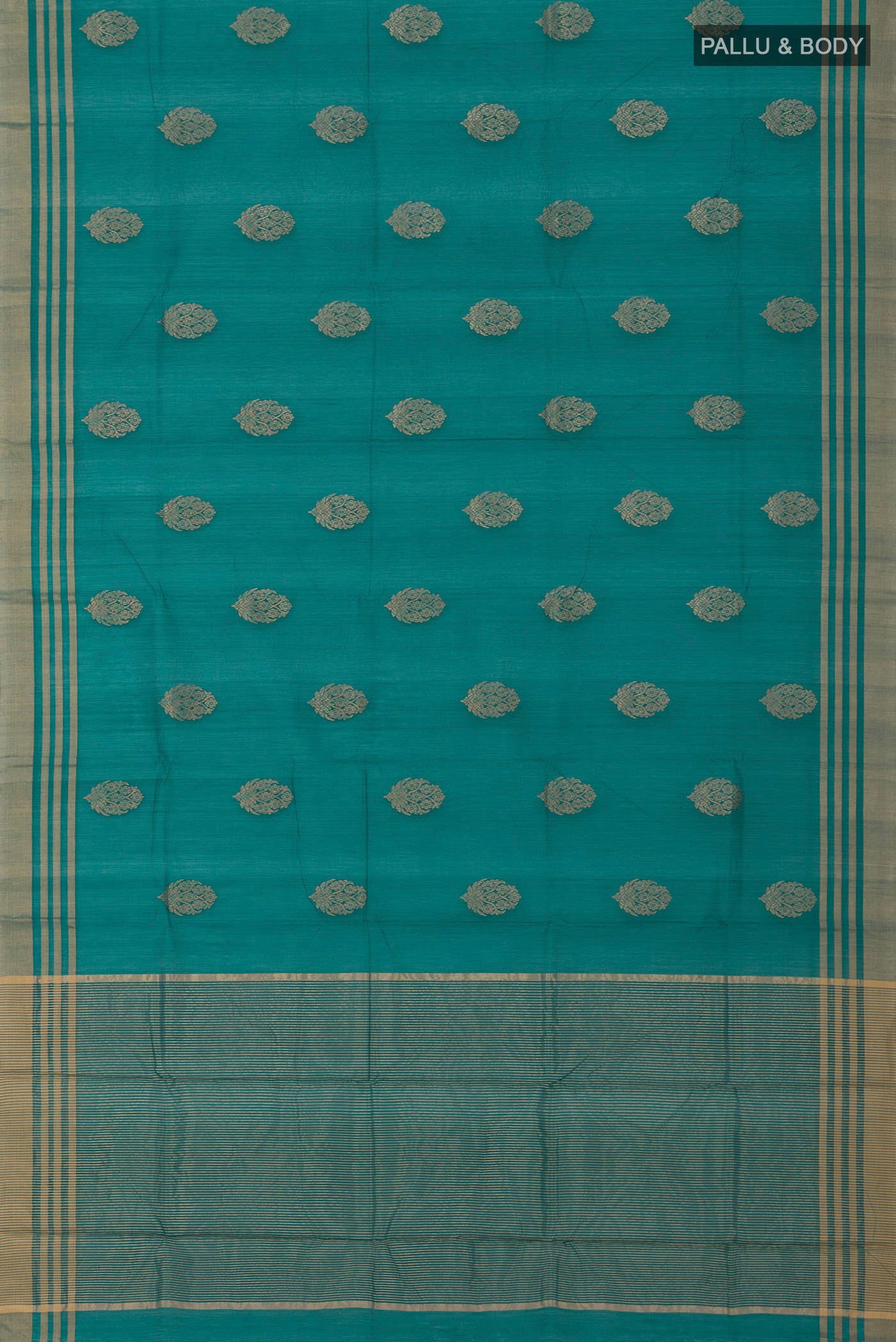 Flat view of Blue Chanderi Silk Cotton Saree with Zari Butta on the body and Zari Border. 