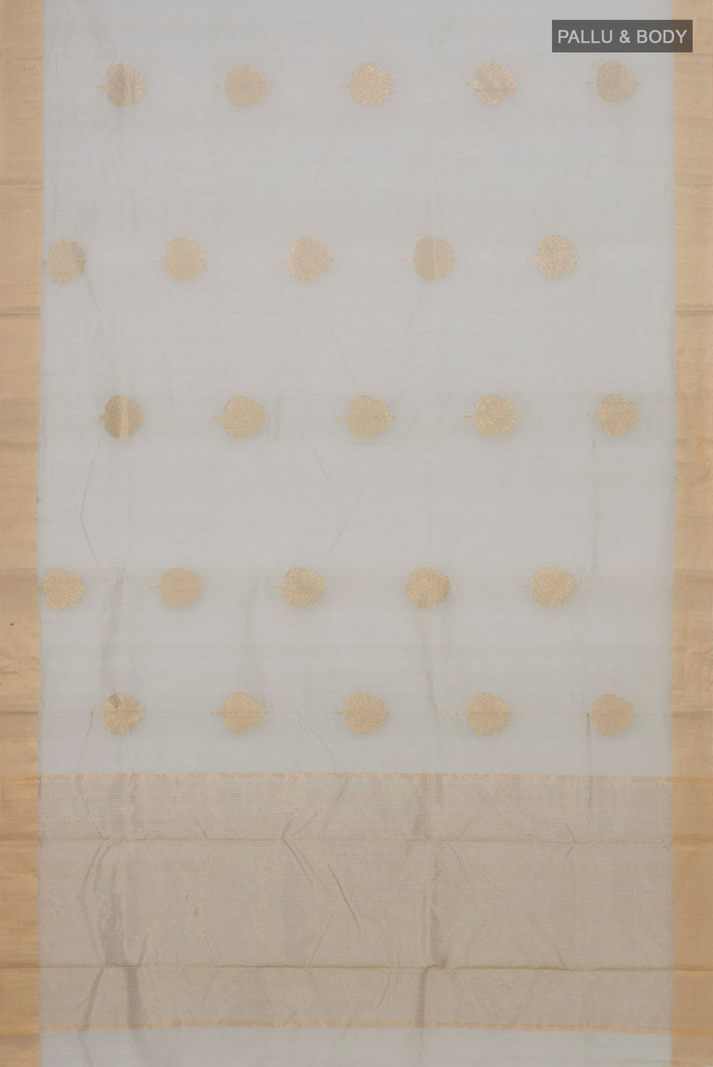 Flat view of Grey Chanderi Cotton Saree with Zari Butta on the body and Zari Border. 