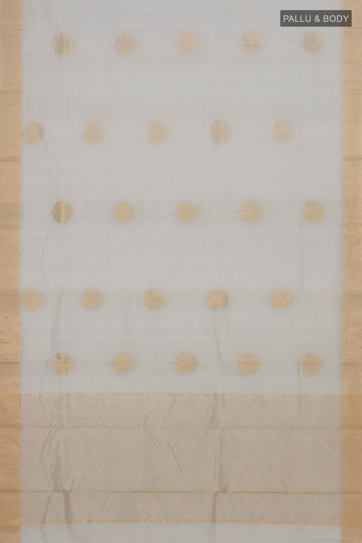 Flat view of Grey Chanderi Cotton Saree with Zari Butta on the body and Zari Border. 