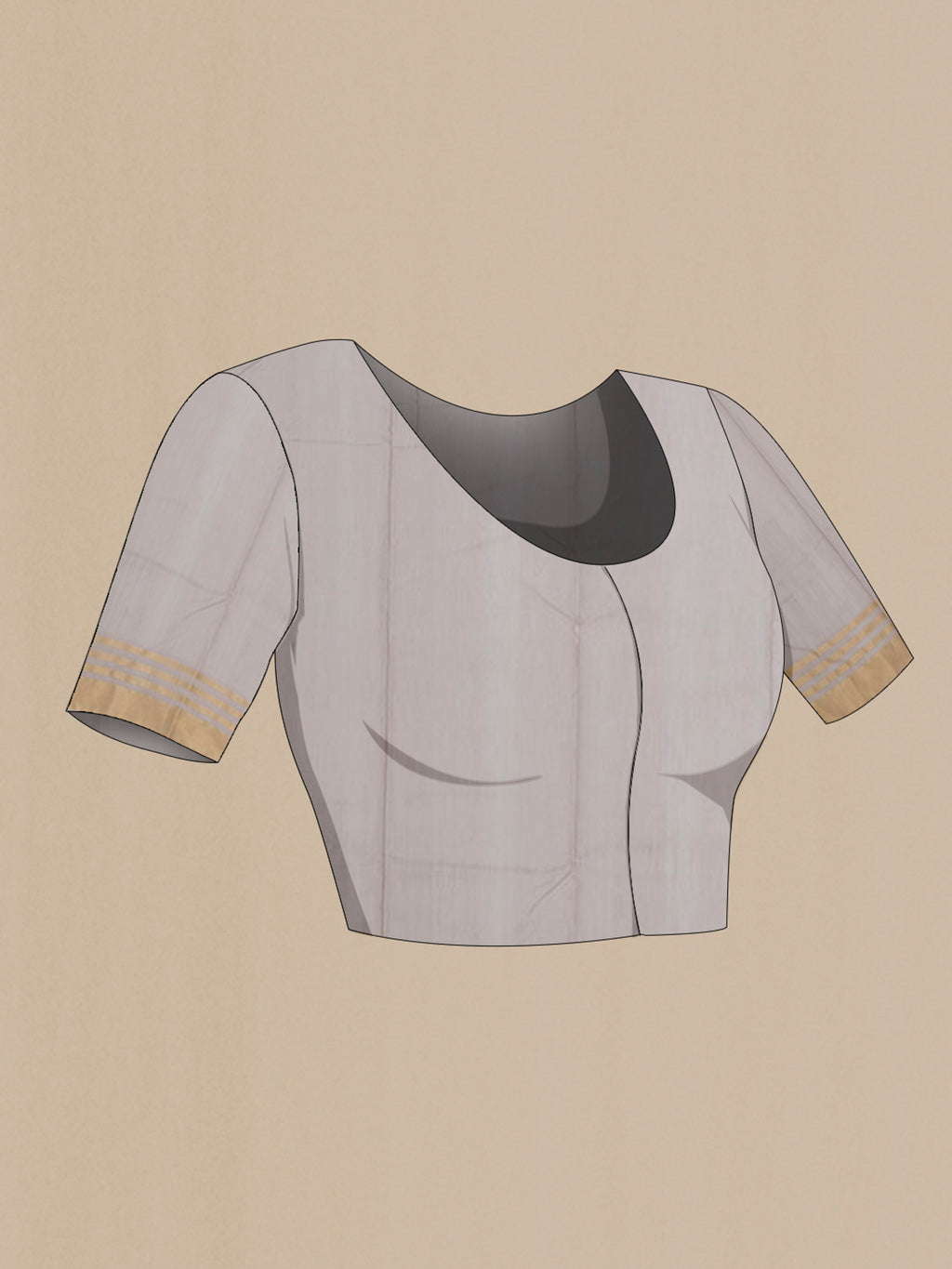 Close up image of the blouse of Grey Chanderi Silk Cotton Saree with Zari Butta on the body and Zari Border. 