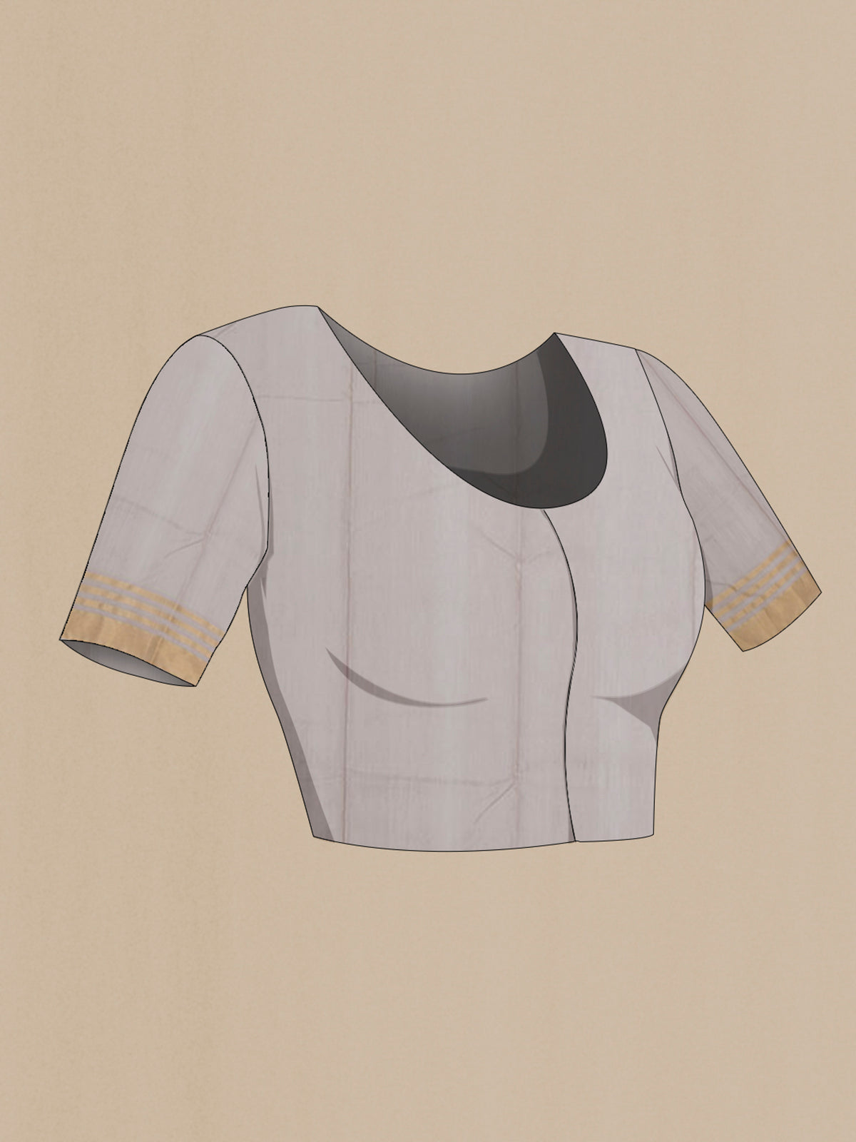 Close up image of the blouse of Grey Chanderi Silk Cotton Saree with Zari Butta on the body and Zari Border. 