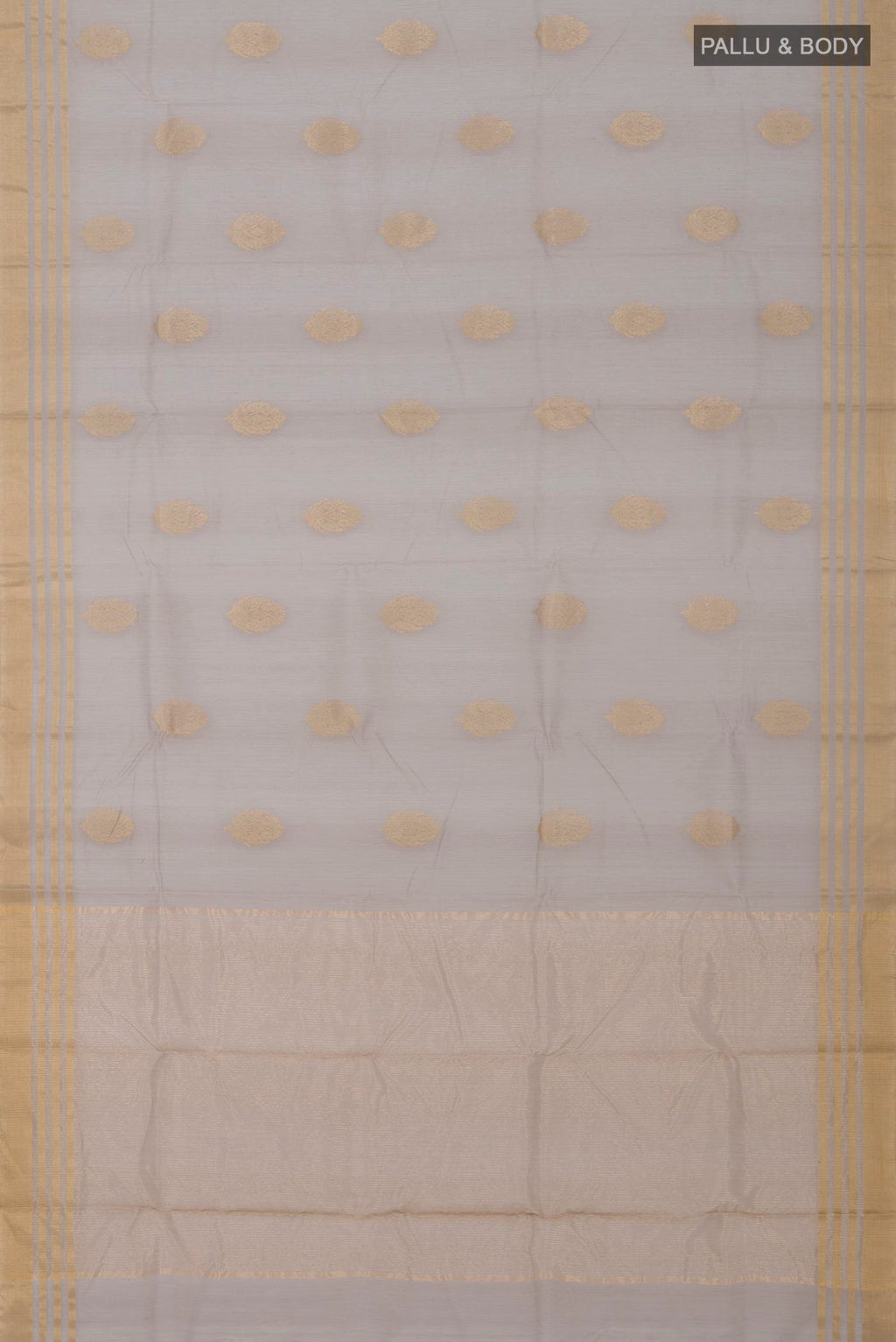 Flat view of Grey Chanderi Silk Cotton Saree with Zari Butta on the body and Zari Border. 