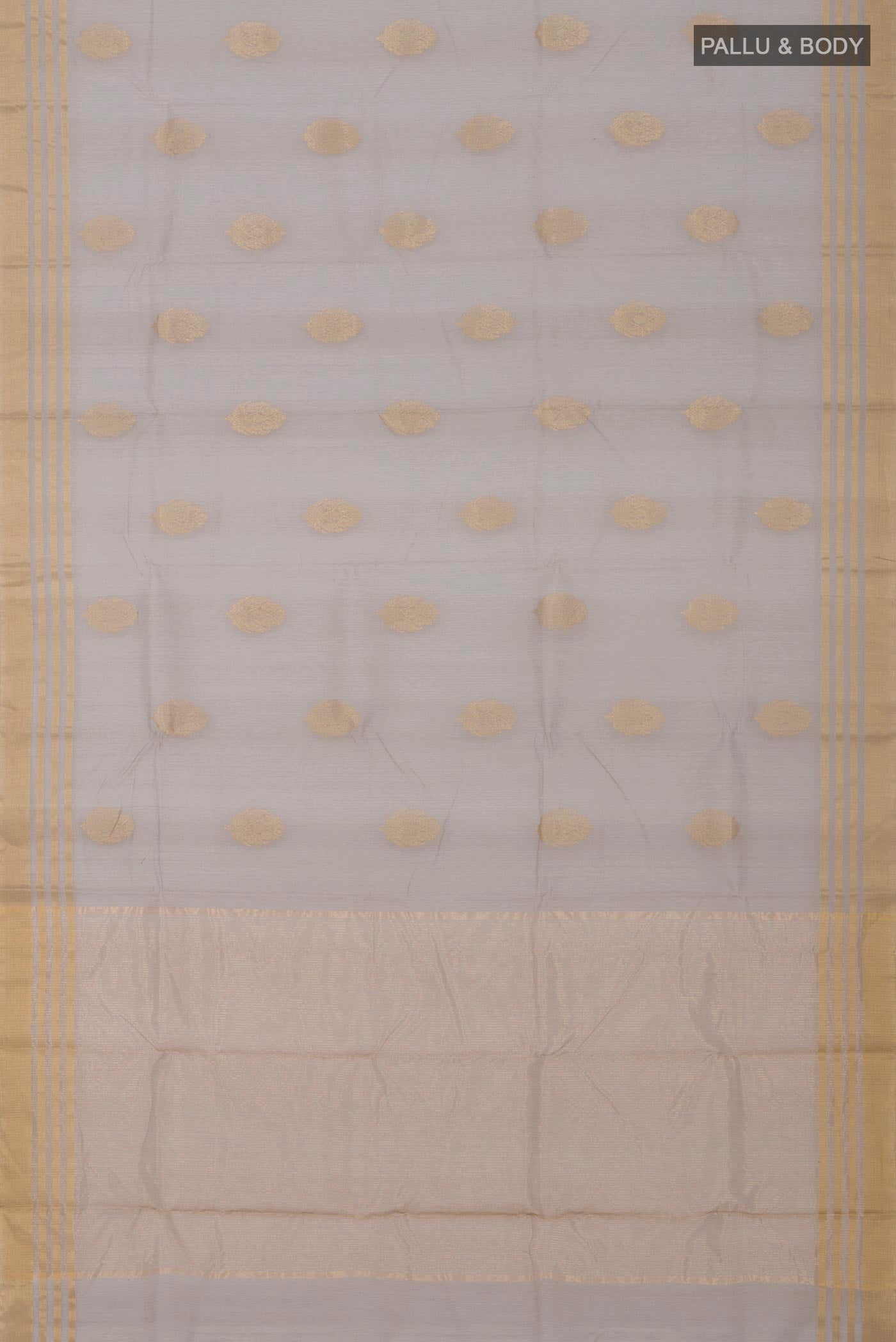 Flat view of Grey Chanderi Silk Cotton Saree with Zari Butta on the body and Zari Border. 