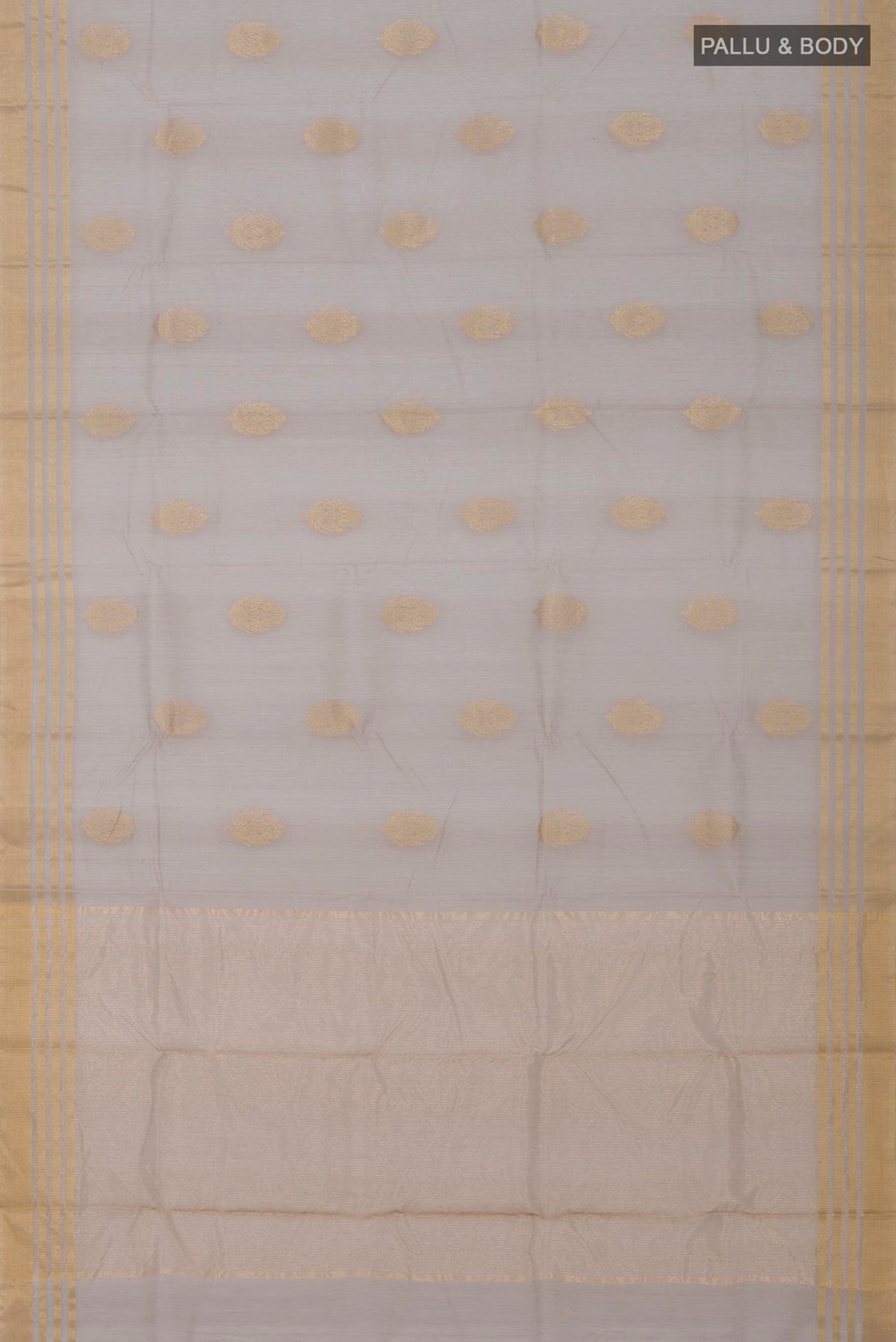 Flat view of Grey Chanderi Silk Cotton Saree with Zari Butta on the body and Zari Border. 