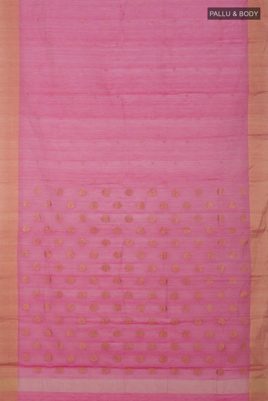Flat view of Pink Chanderi Silk Cotton Saree with Zari Butta on the body and Zari Border. 