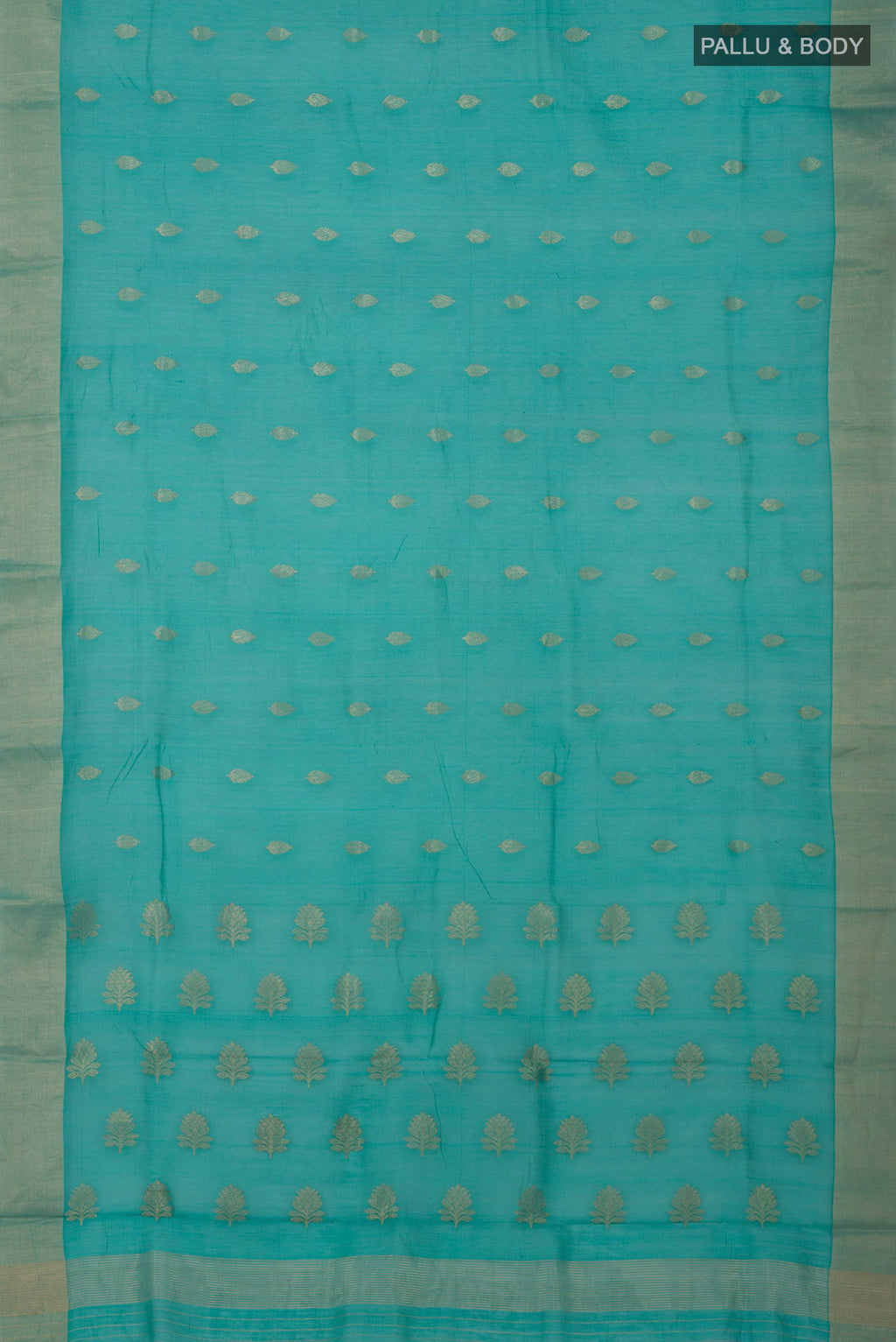 Flat view of Blue Chanderi Silk Cotton Saree with Zari Butta on the body and Zari Border. 