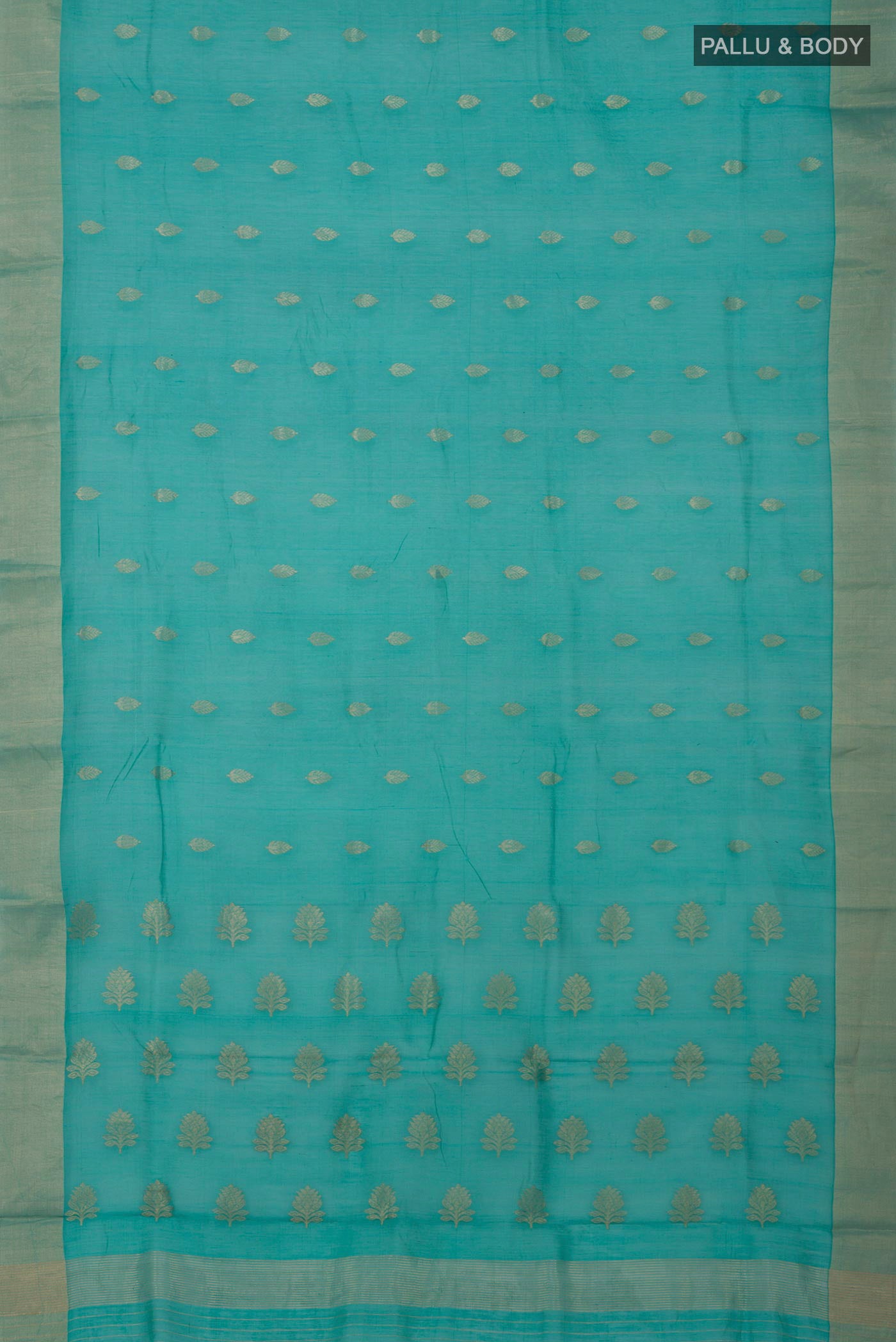 Flat view of Blue Chanderi Silk Cotton Saree with Zari Butta on the body and Zari Border. 