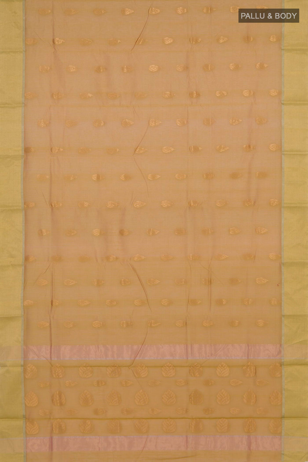 Flat view of Lemon Yellow Chanderi Silk Cotton Saree with Zari Butta on the body and Zari Border. 