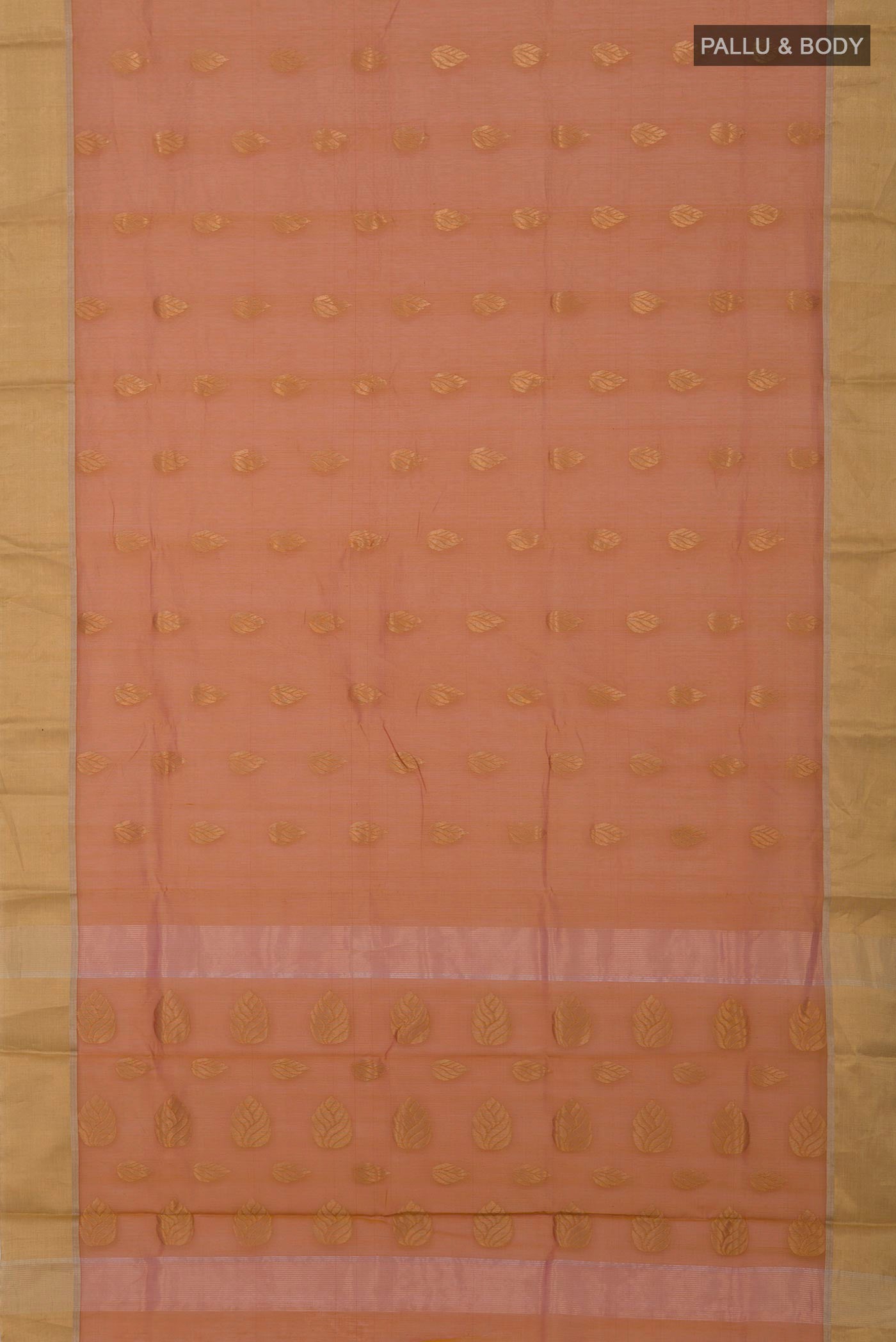 Flat view of Mustard Chanderi Silk Cotton Saree with Zari Butta on the body and Zari Border. 