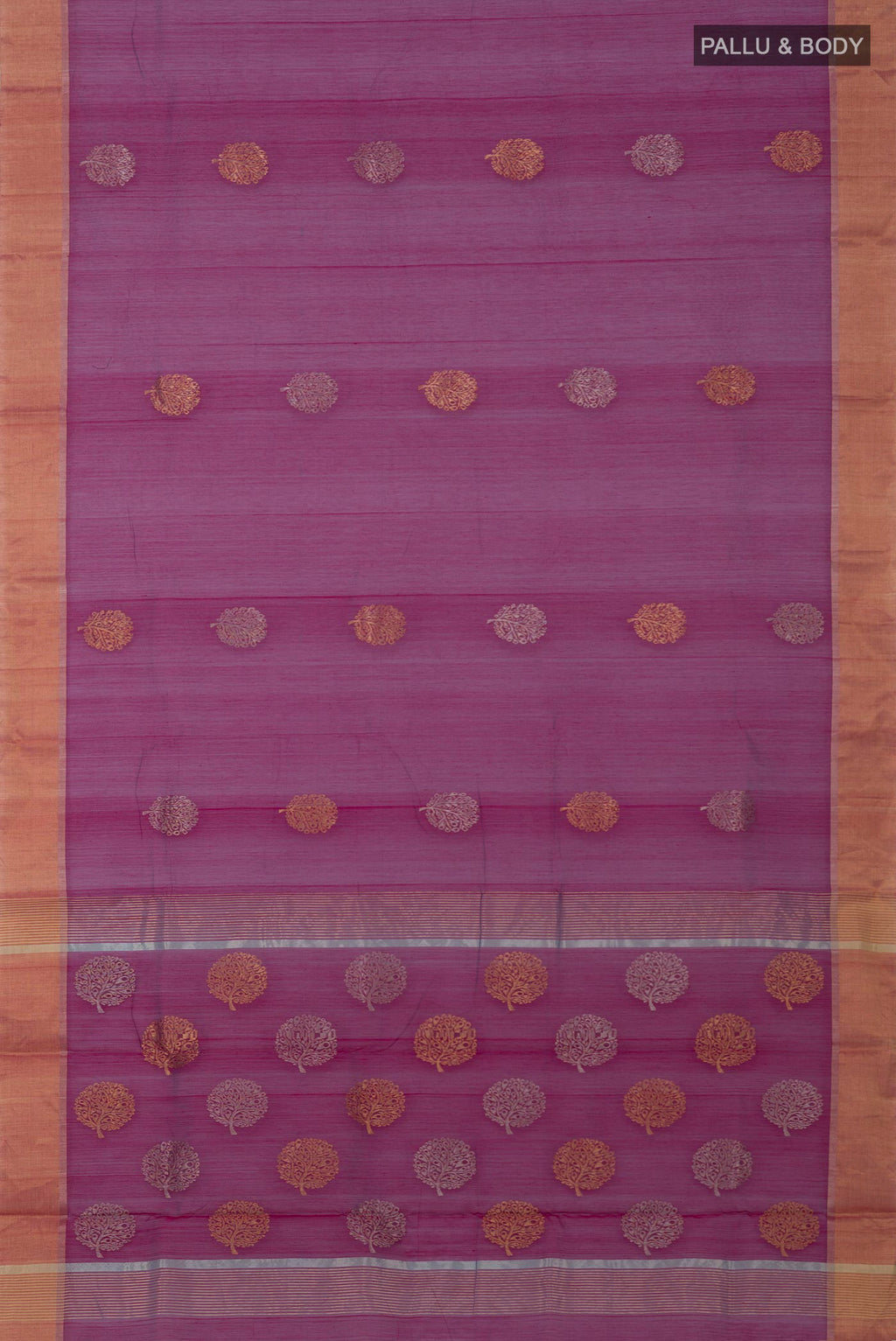 Flat view of Purple Chanderi Silk Cotton Saree with Zari Butta on the body and Zari Border. 