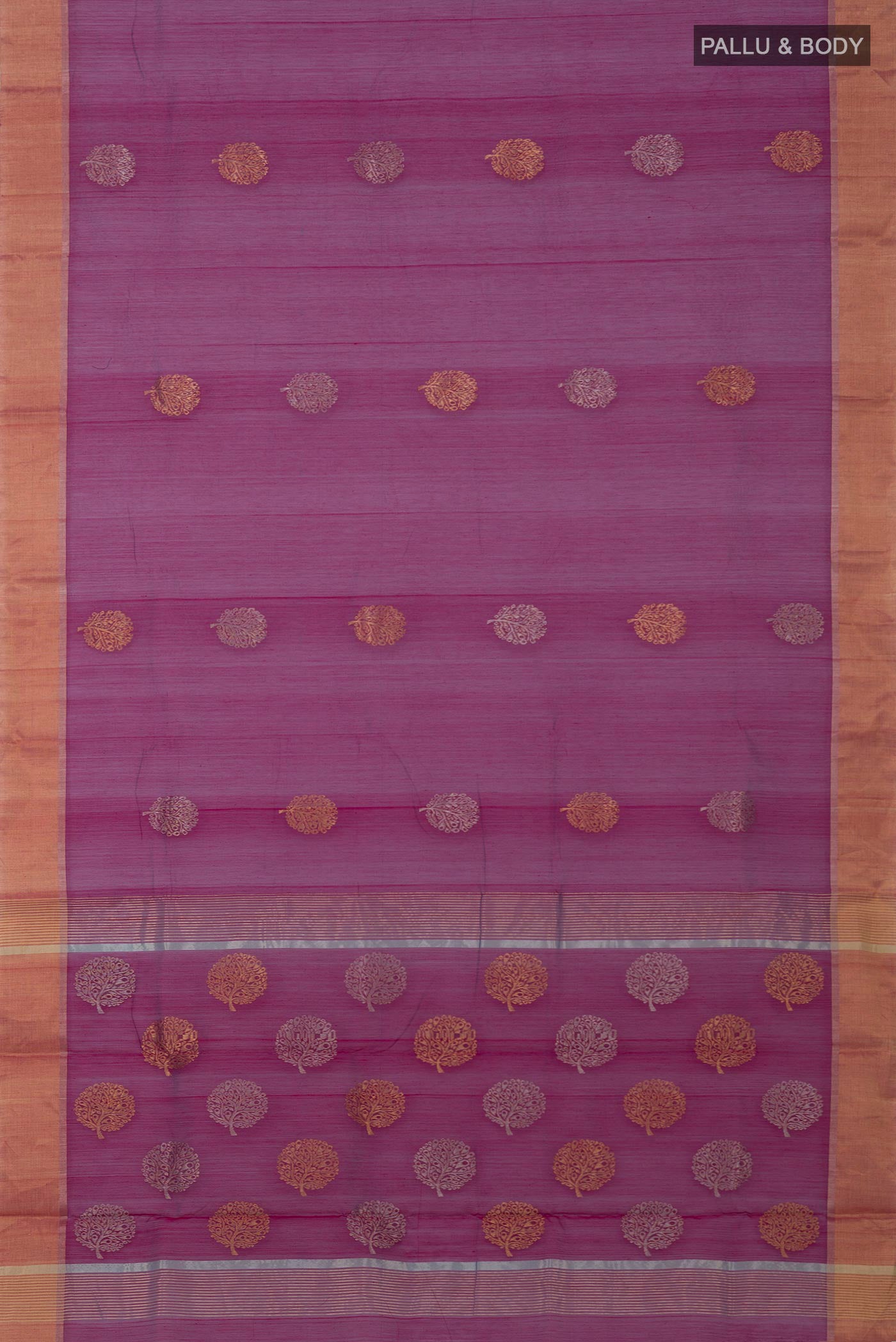 Flat view of Purple Chanderi Silk Cotton Saree with Zari Butta on the body and Zari Border. 