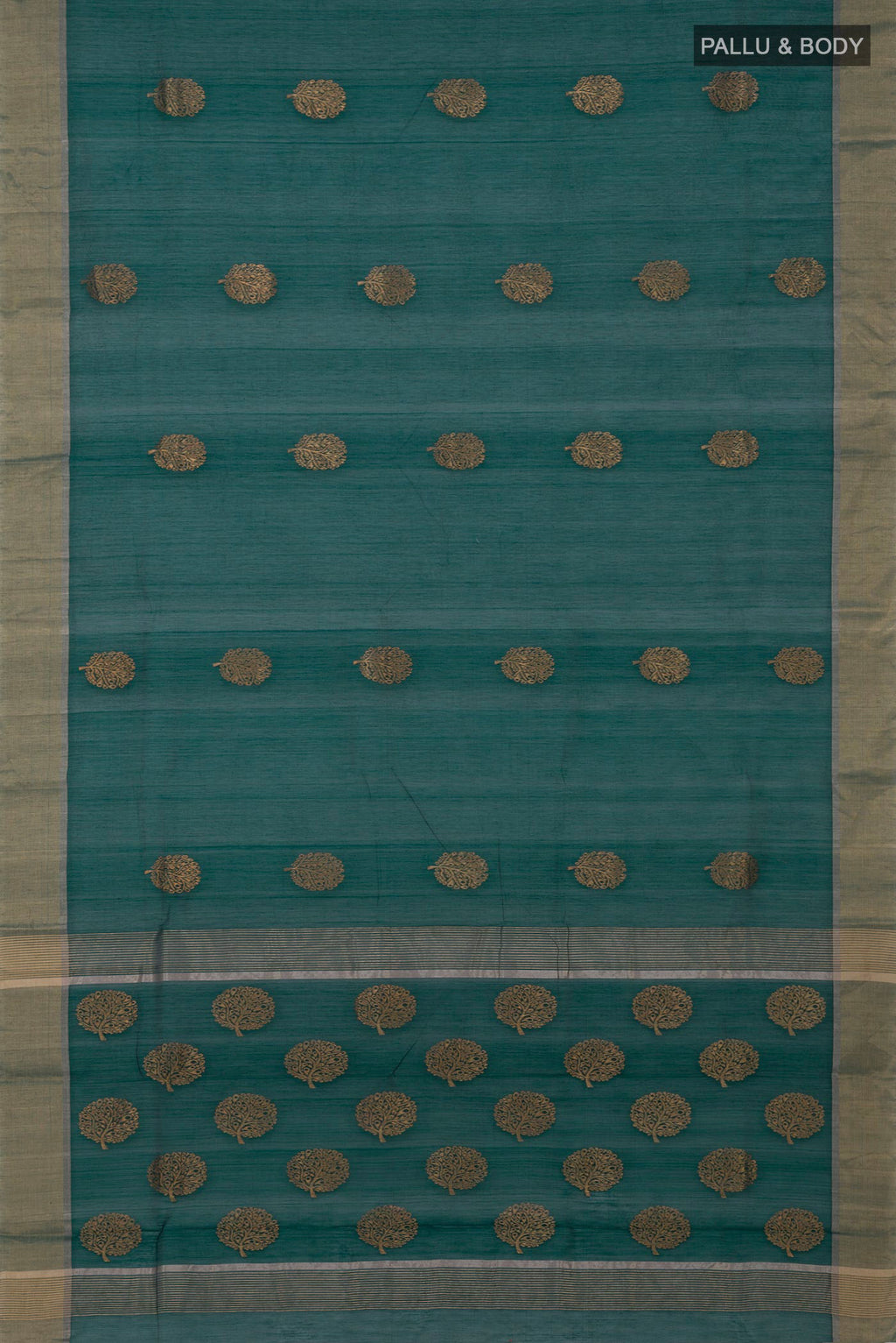 Flat view of Green Chanderi Silk Cotton Saree with Zari Butta on the body and Zari Border. 