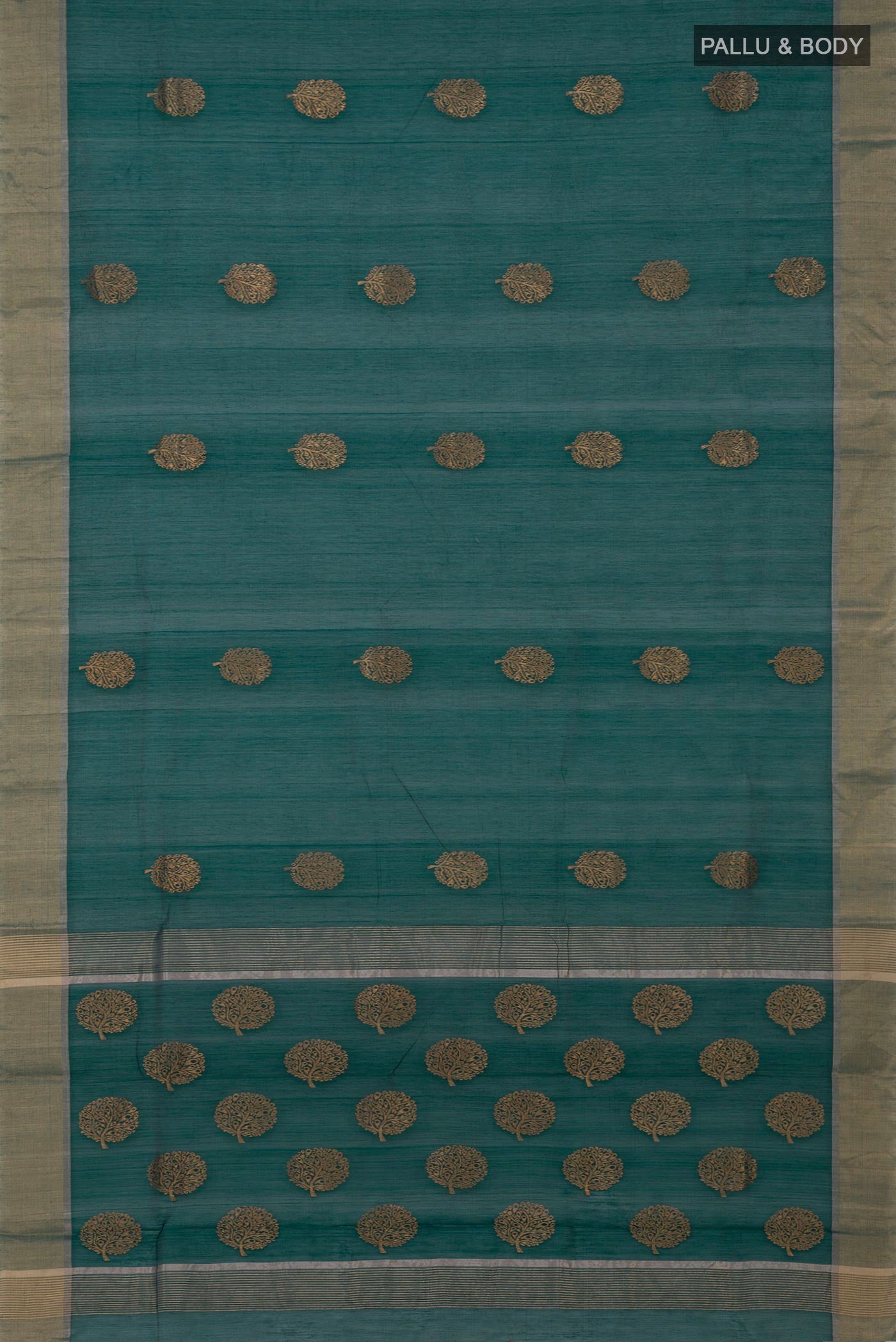 Flat view of Green Chanderi Silk Cotton Saree with Zari Butta on the body and Zari Border. 