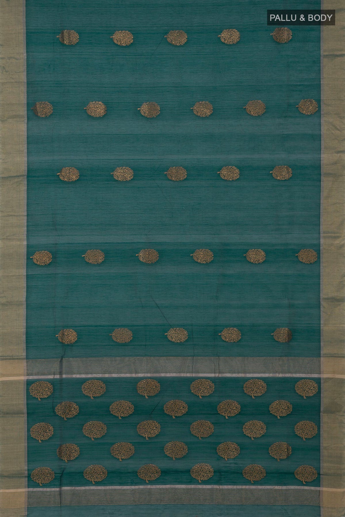 Flat view of Green Chanderi Silk Cotton Saree with Zari Butta on the body and Zari Border. 