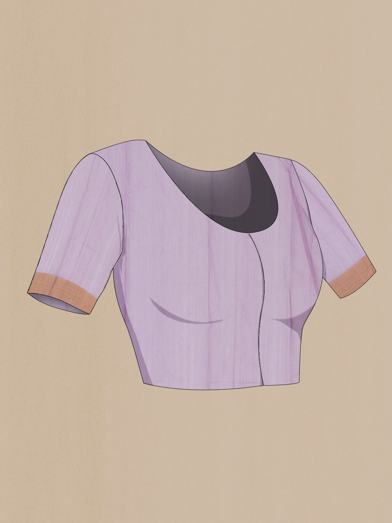 Close up image of the blouse of Lavender Chanderi Silk Cotton Saree with Zari Butta on the body and Zari Border. 