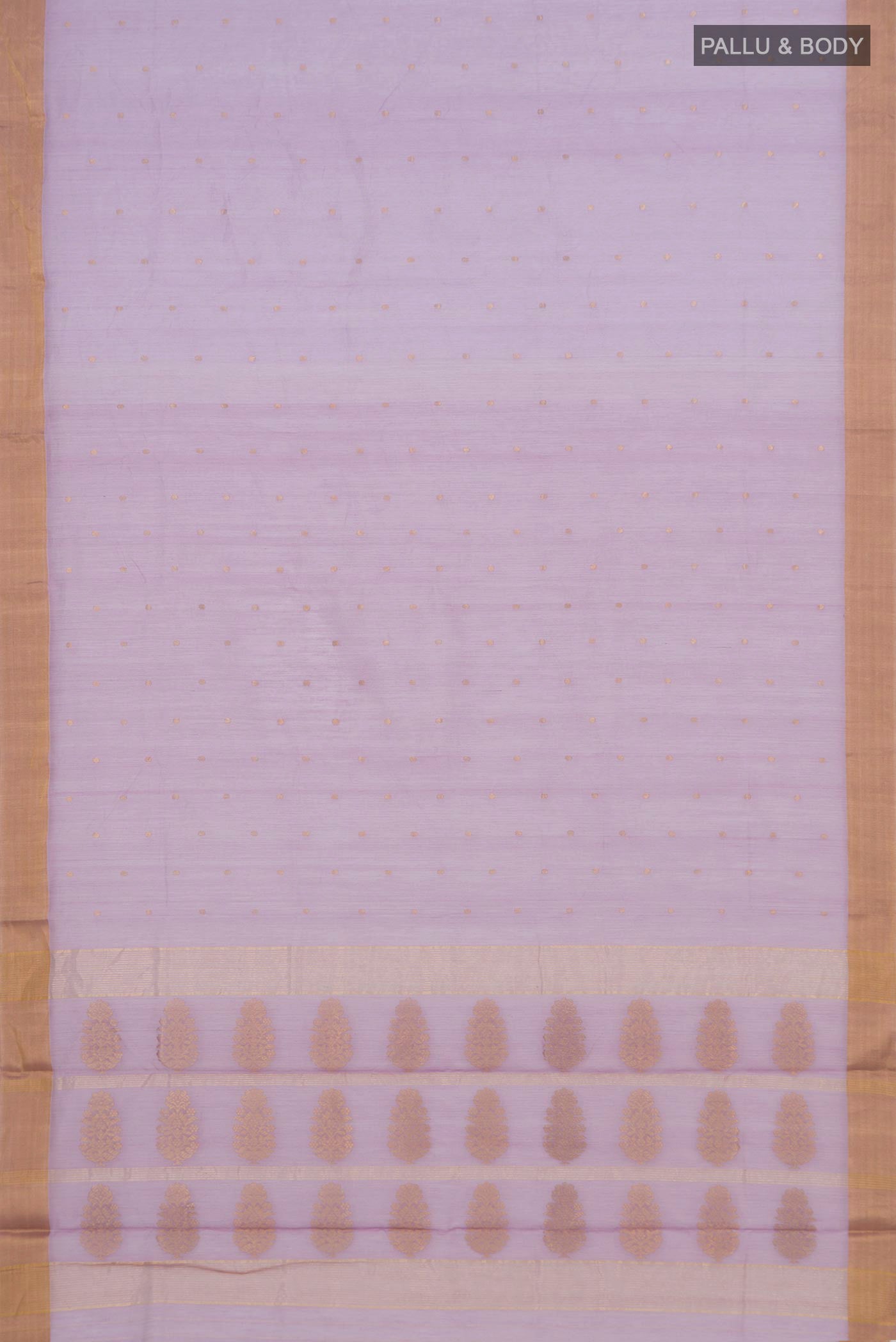 Flat view of Lavender Chanderi Silk Cotton Saree with Zari Butta on the body and Zari Border. 