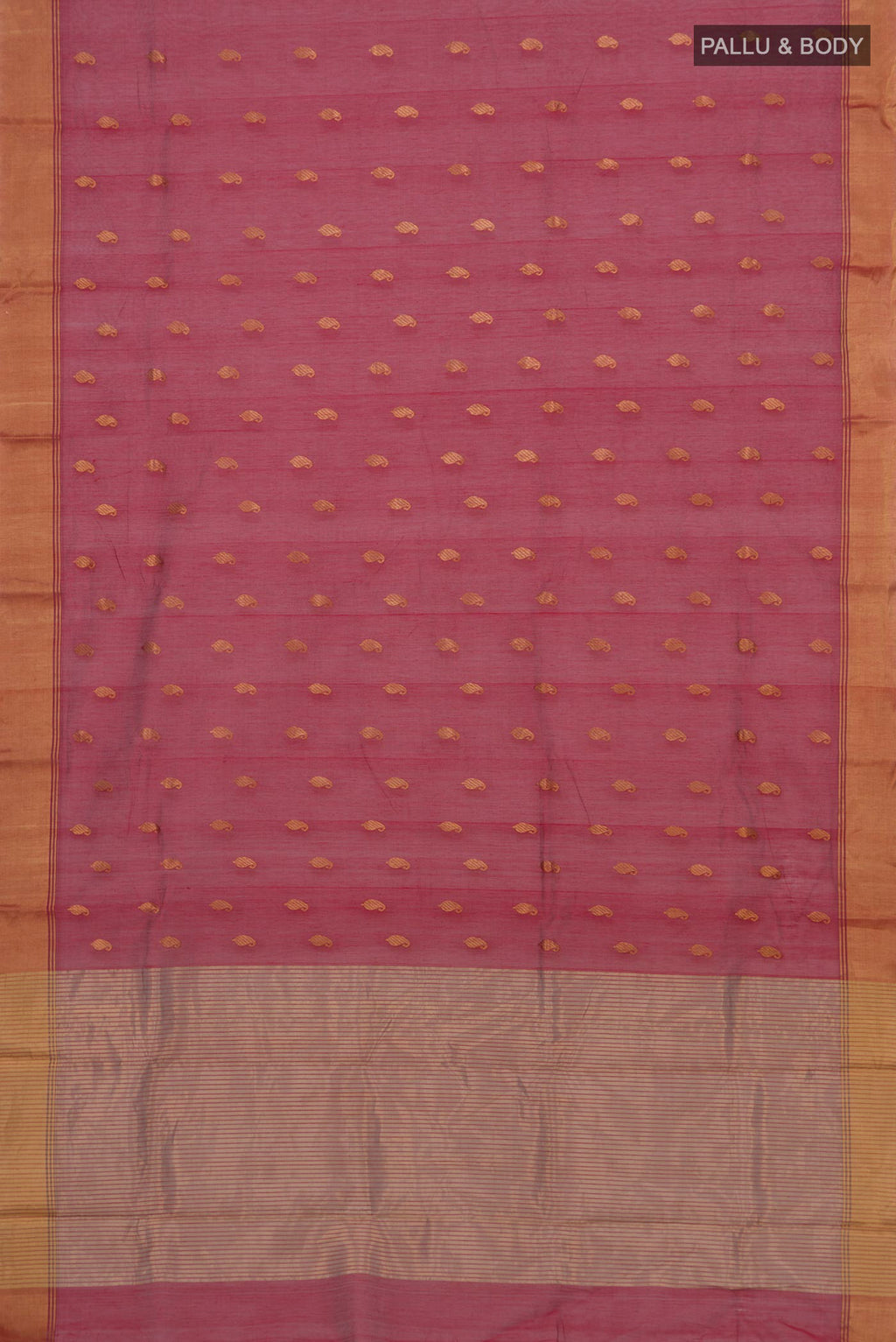 Flat view of Maroon Chanderi Cotton Saree with Zari Butta on the body and Zari Border. 