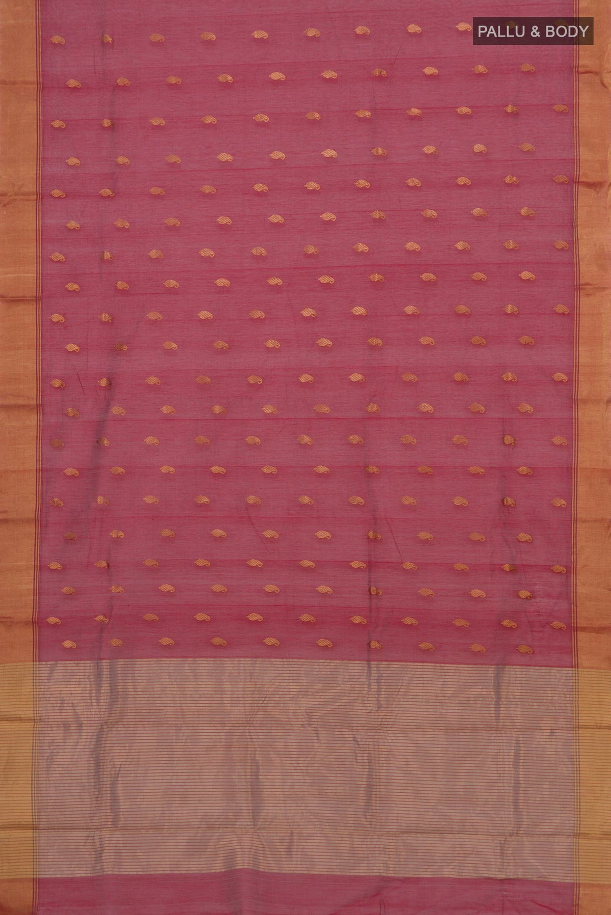 Flat view of Maroon Chanderi Cotton Saree with Zari Butta on the body and Zari Border. 