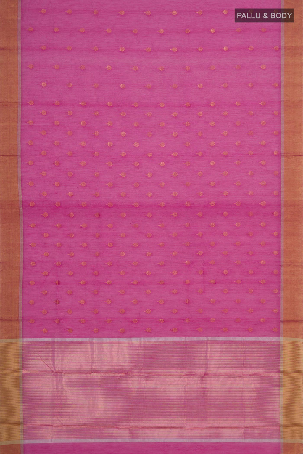 Flat view of Pink Chanderi Cotton Saree with Zari Butta on the body and Zari Border. 