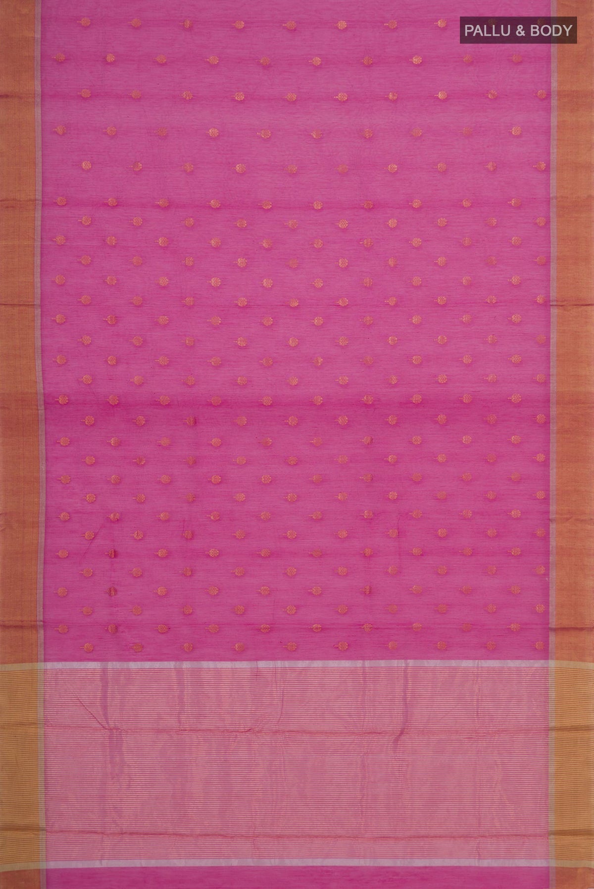 Flat view of Pink Chanderi Cotton Saree with Zari Butta on the body and Zari Border. 