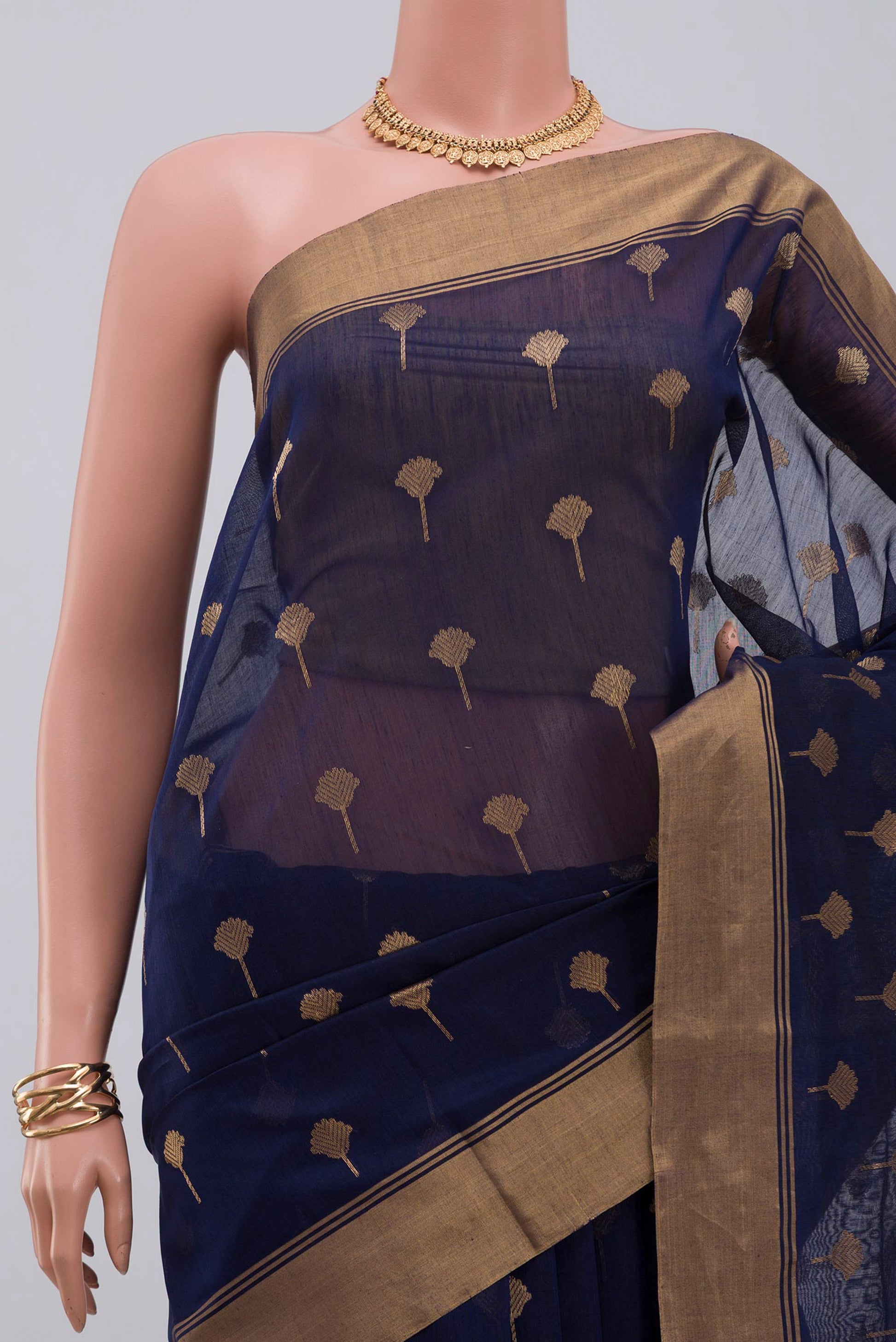Border image of Navy Blue Chanderi Silk Cotton Saree with Zari Butta on the body and Zari Border. 