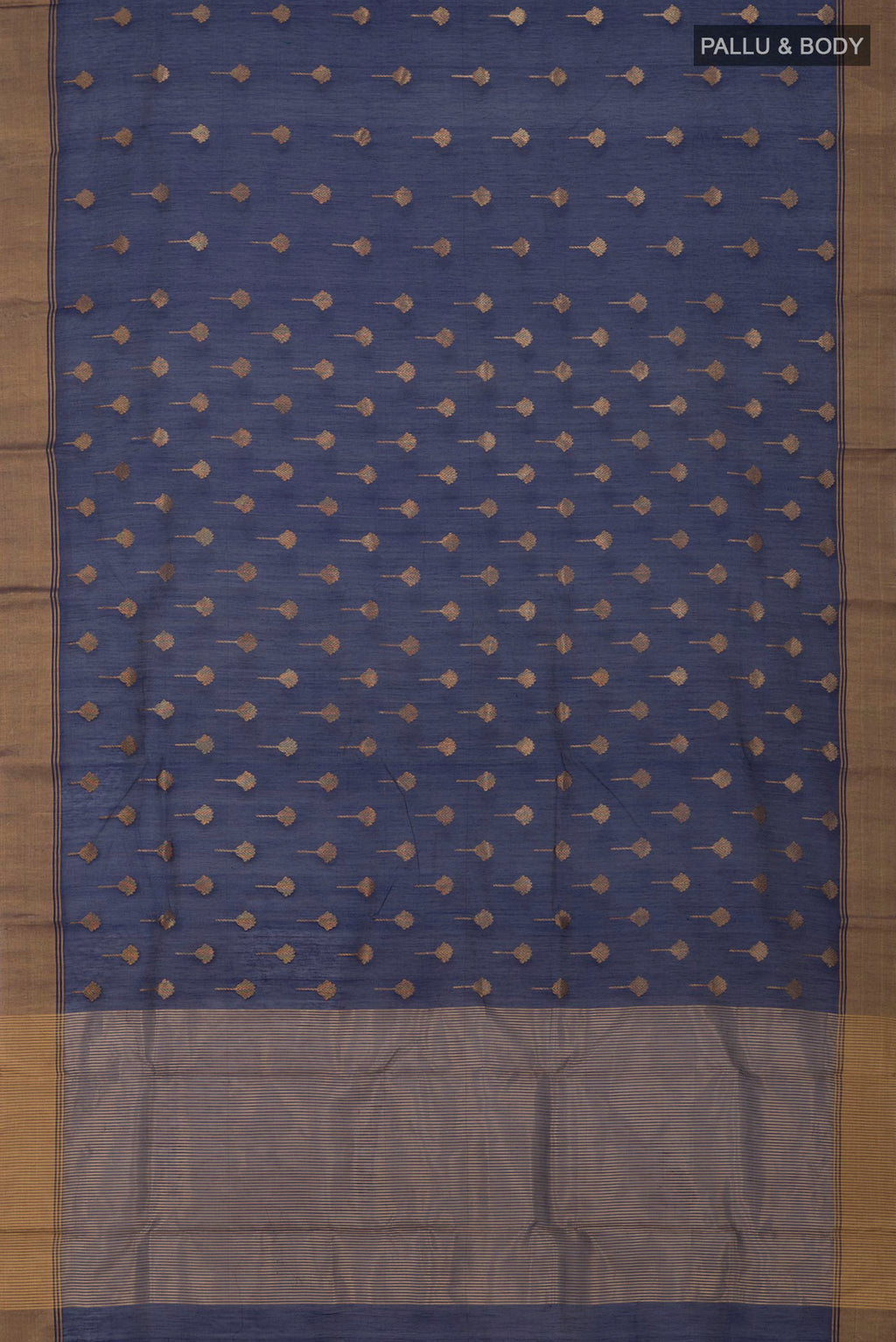 Flat view of Navy Blue Chanderi Silk Cotton Saree with Zari Butta on the body and Zari Border. 