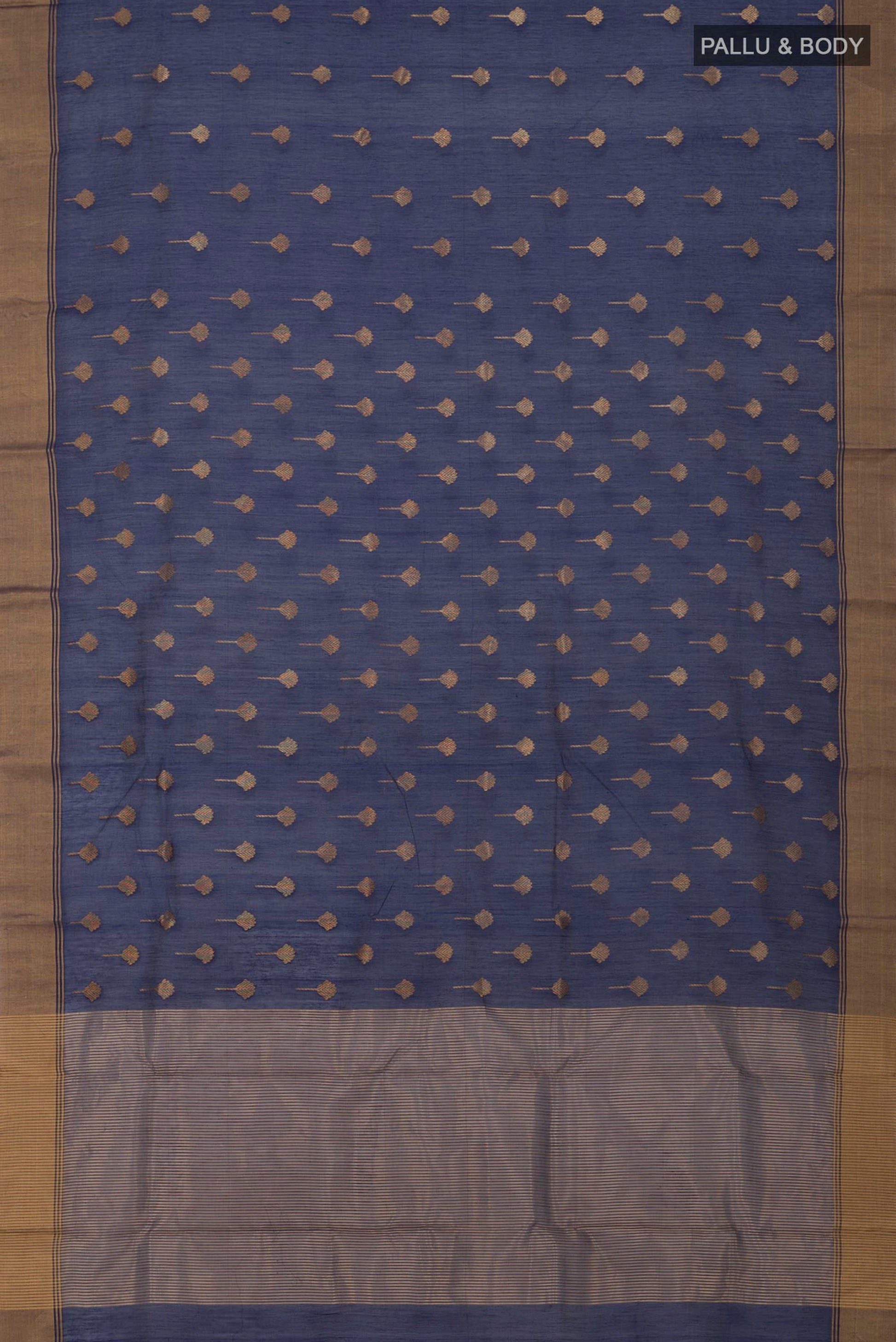 Flat view of Navy Blue Chanderi Silk Cotton Saree with Zari Butta on the body and Zari Border. 