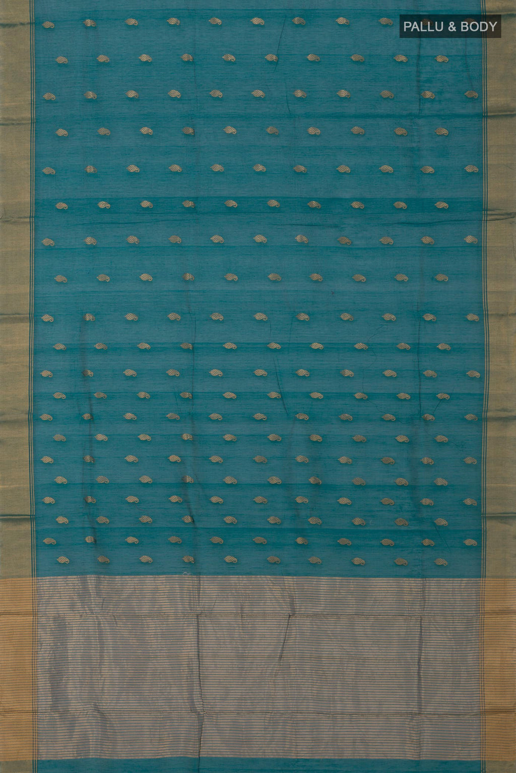 Flat view of Green Chanderi Silk Cotton Saree with Zari Butta on the body and Zari Border. 