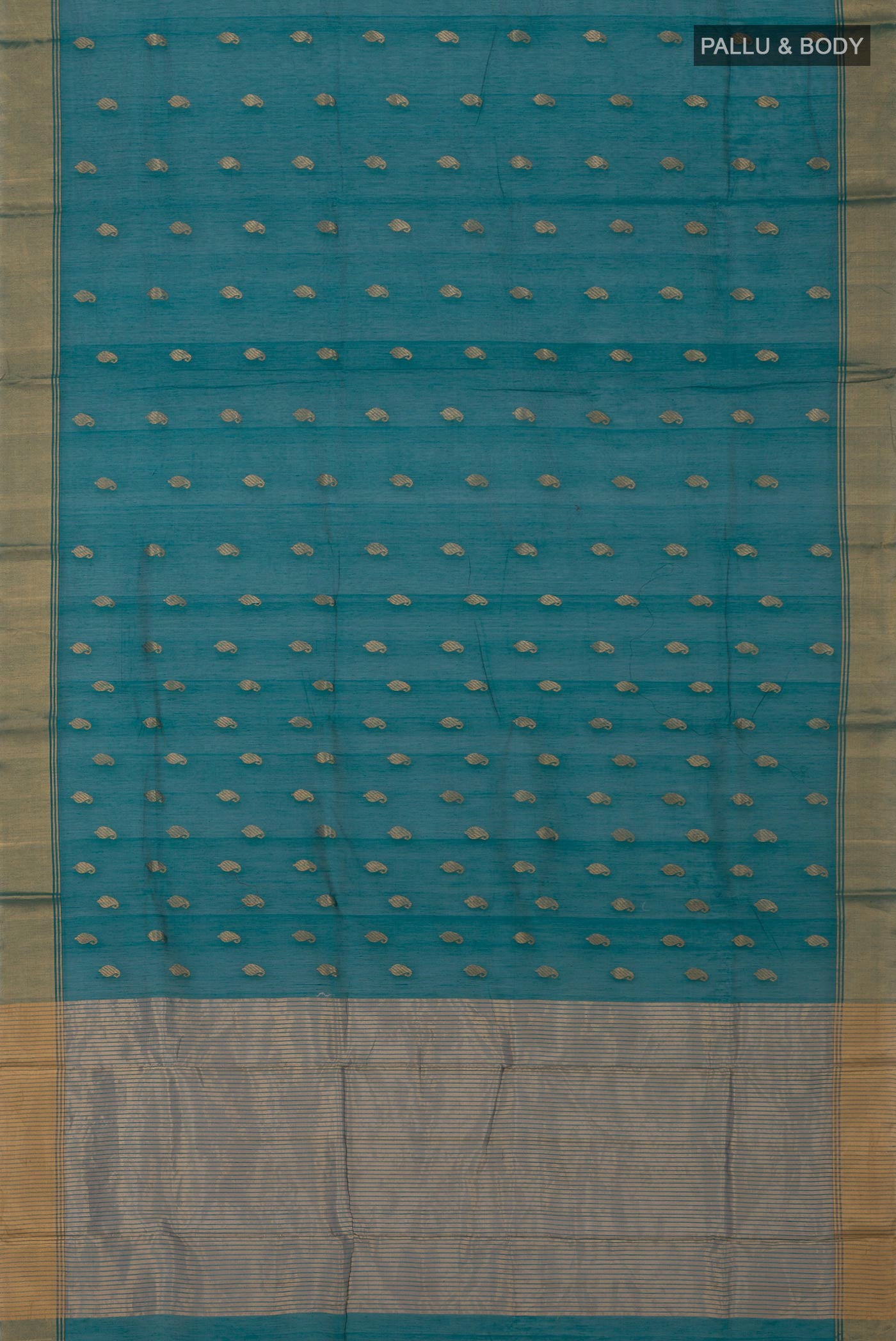 Flat view of Green Chanderi Silk Cotton Saree with Zari Butta on the body and Zari Border. 