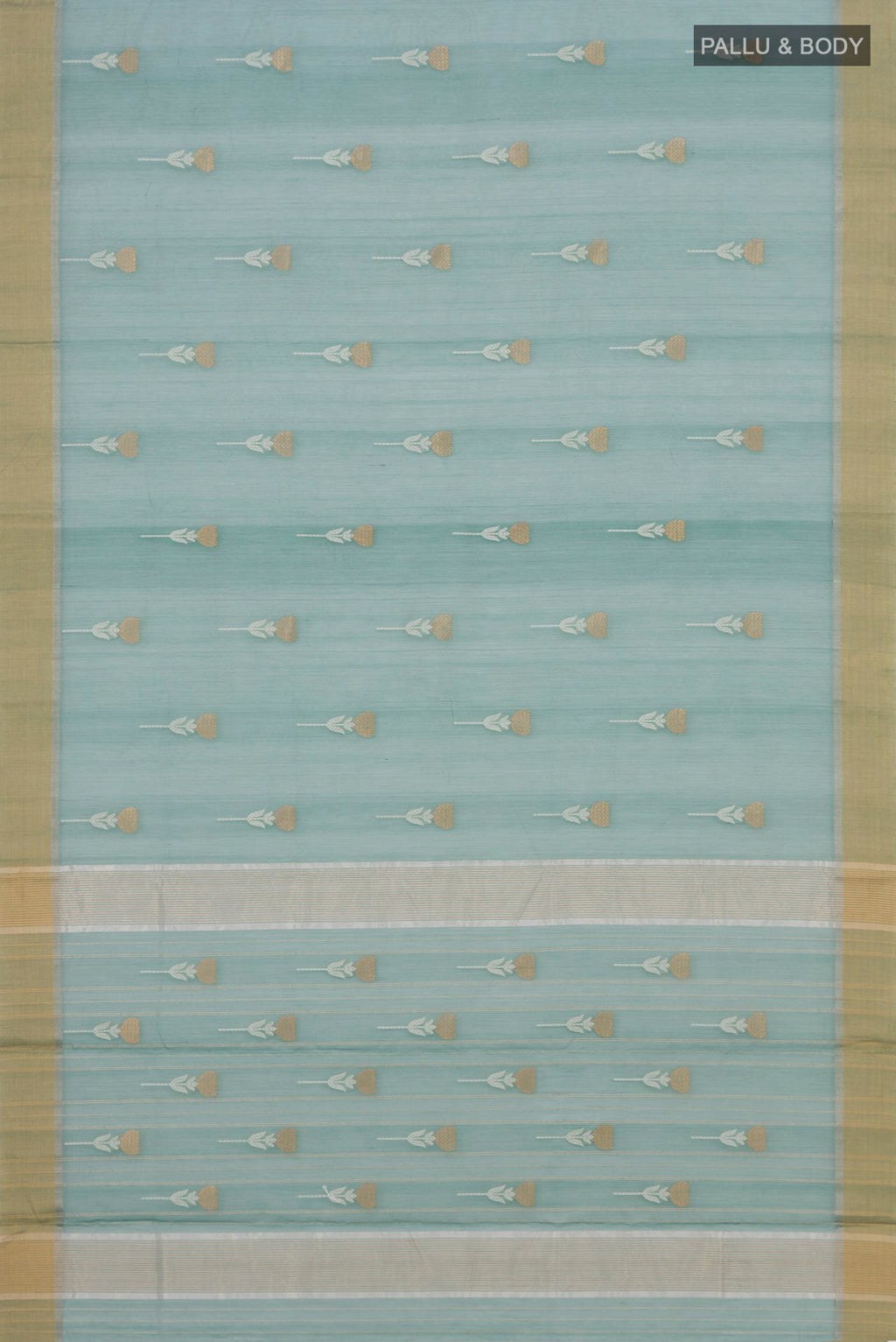 Flat view of Sage Green Chanderi Silk Cotton Saree with Zari Butta on the body and Zari Border. 