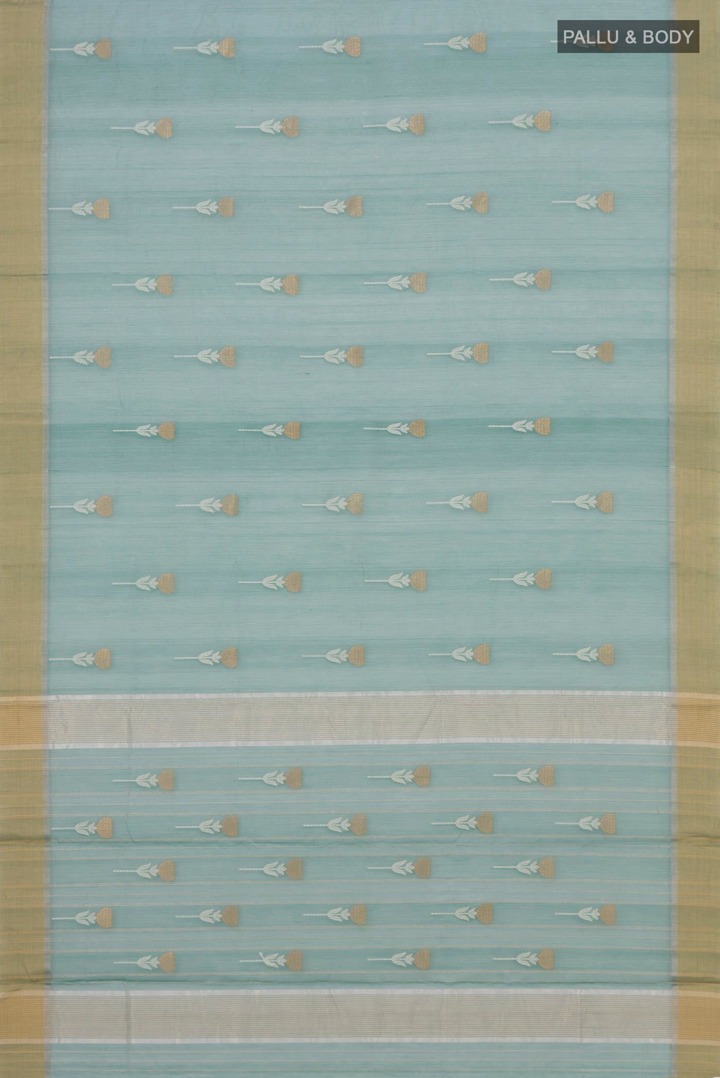 Flat view of Sage Green Chanderi Silk Cotton Saree with Zari Butta on the body and Zari Border. 