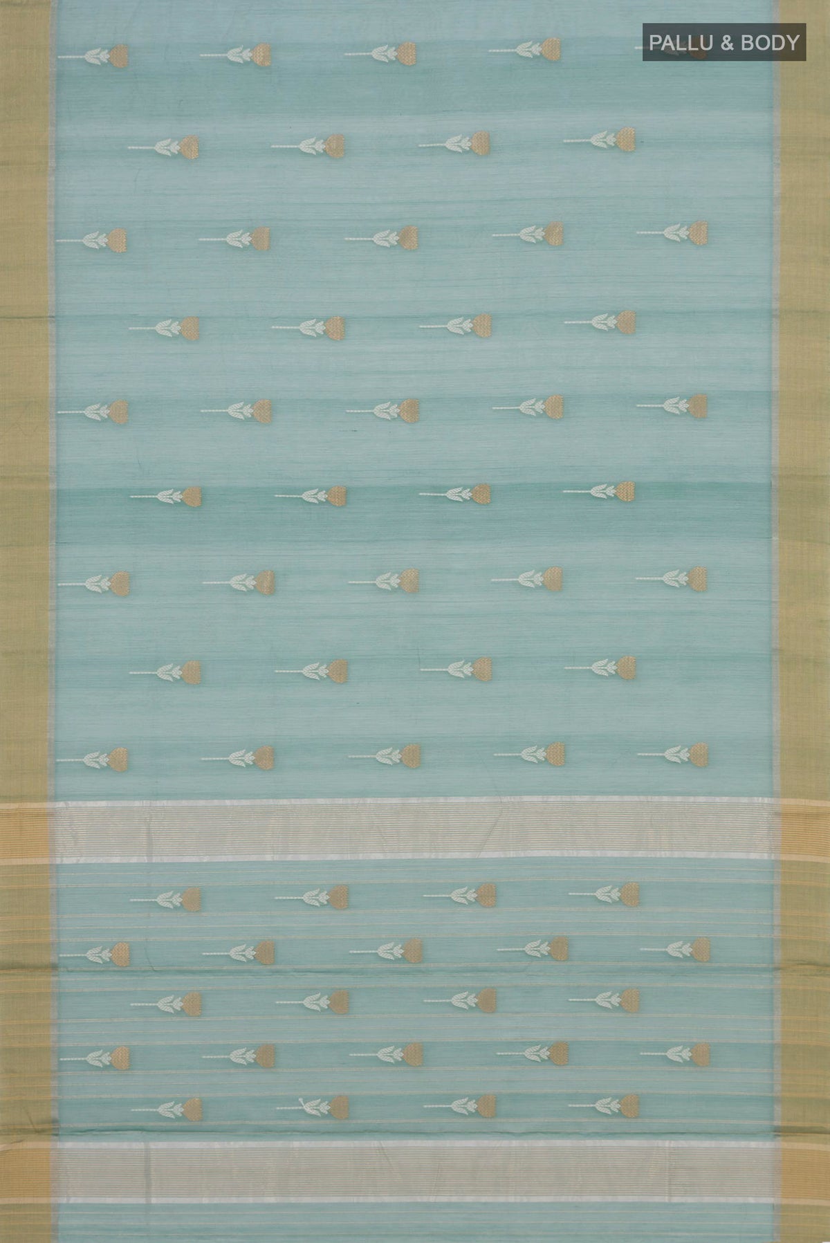 Flat view of Sage Green Chanderi Silk Cotton Saree with Zari Butta on the body and Zari Border. 