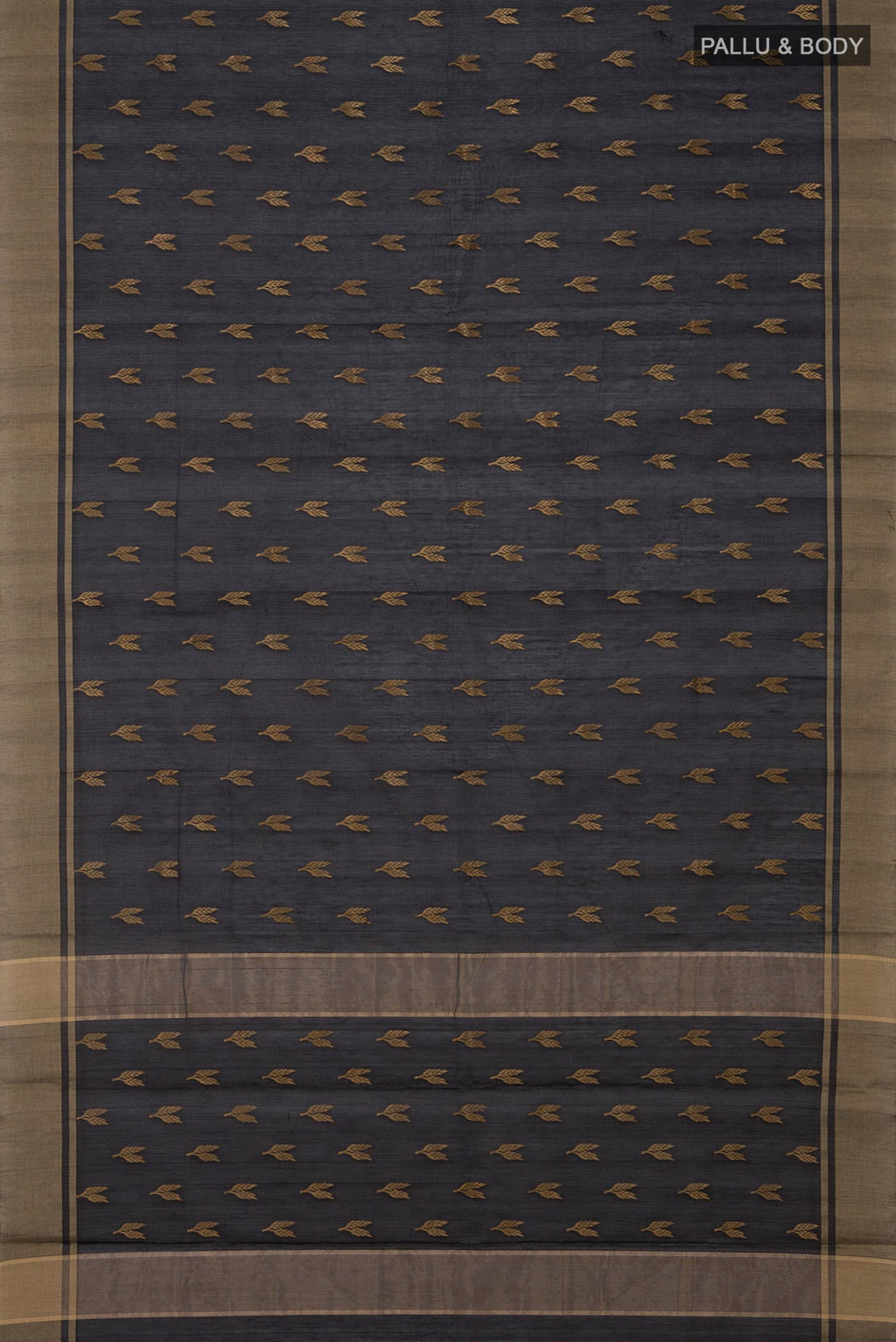 Flat view of Black Chanderi Silk Cotton Saree with Zari Butta on the body and Zari Border. 