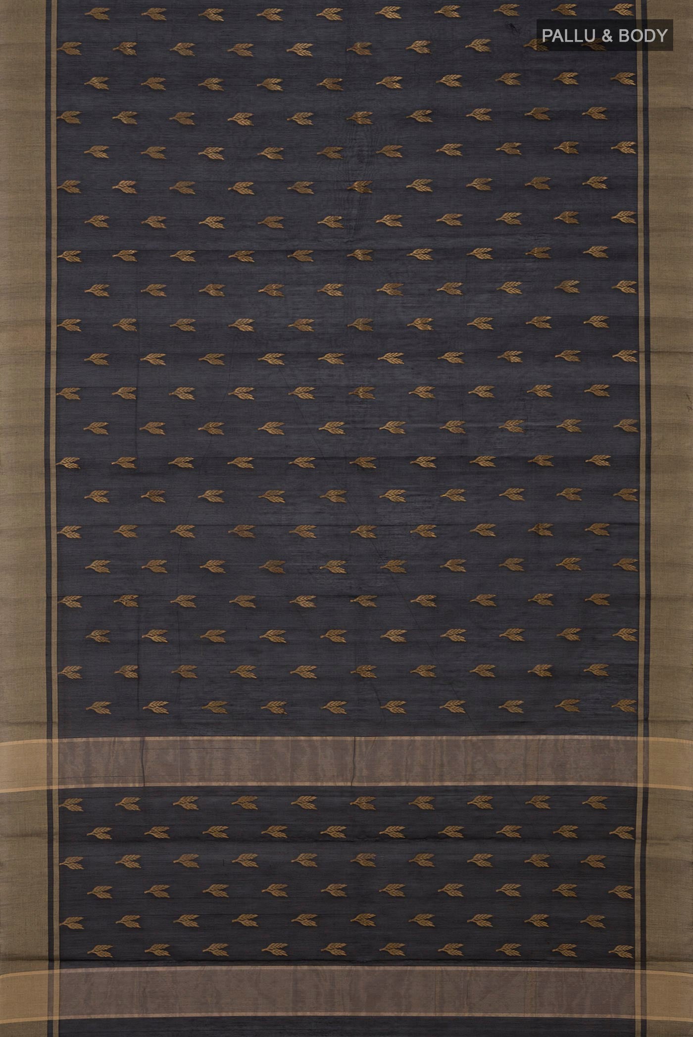 Flat view of Black Chanderi Silk Cotton Saree with Zari Butta on the body and Zari Border. 