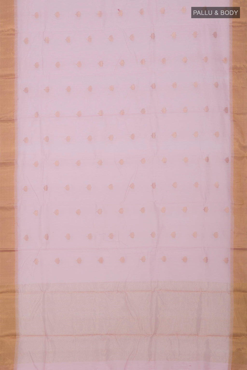 Flat view of Pink Chanderi Silk Cotton Saree with Zari Butta on the body and Zari Border. 