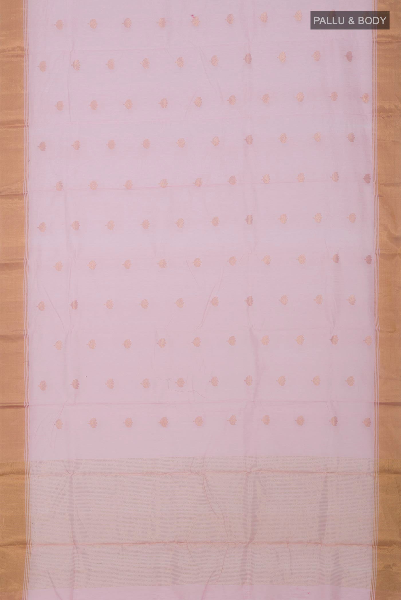 Flat view of Pink Chanderi Silk Cotton Saree with Zari Butta on the body and Zari Border. 