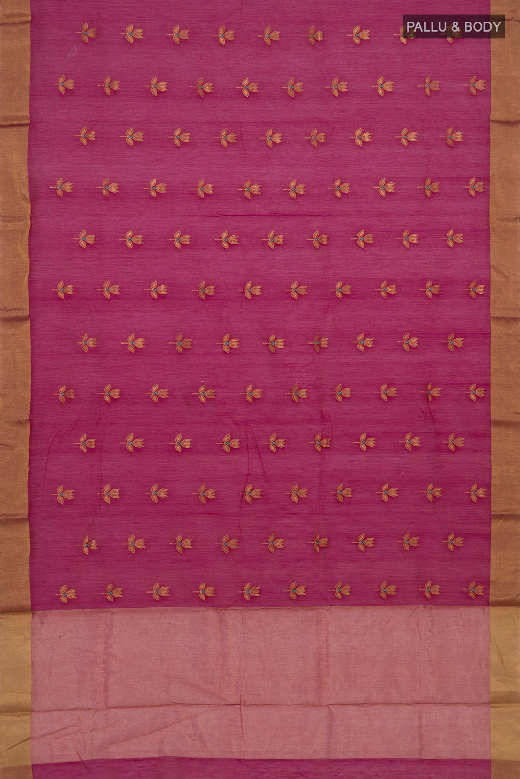 Flat view of Maroon Chanderi Silk Cotton Saree with Zari Butta on the body and Zari Border. 