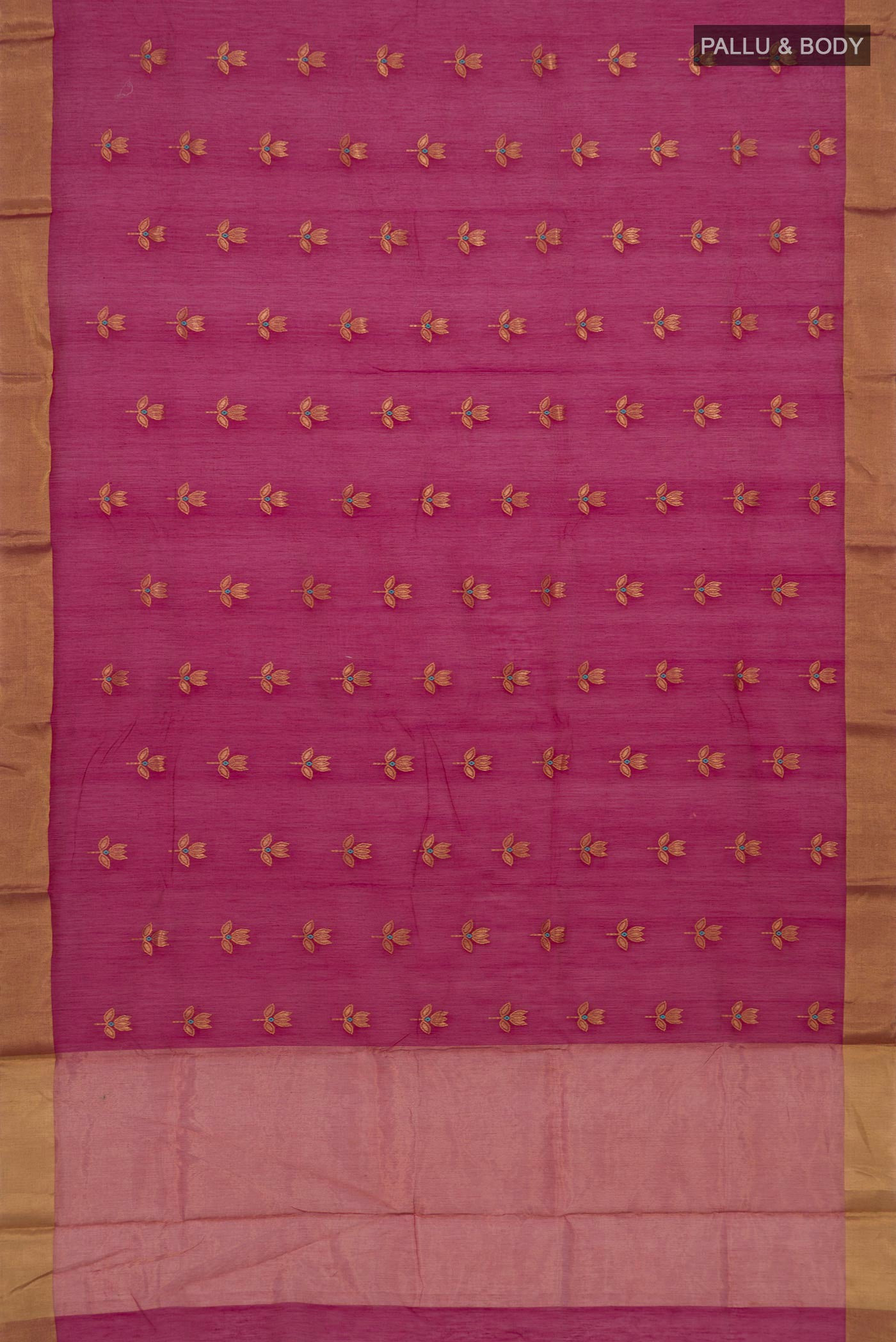 Flat view of Maroon Chanderi Silk Cotton Saree with Zari Butta on the body and Zari Border. 